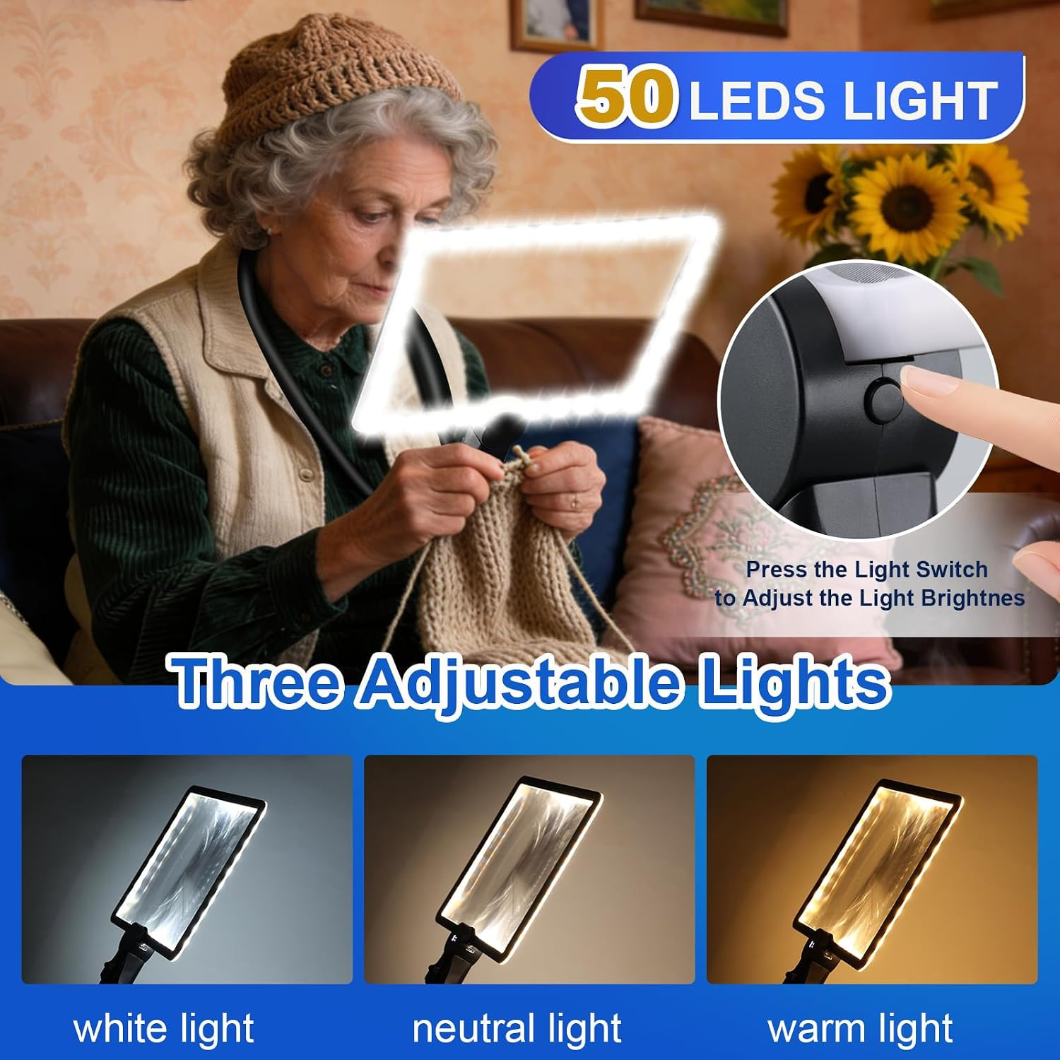 10X Magnifying Glass with Light for Reading | 50 LED, 3 Lamp Modes, Reading Time