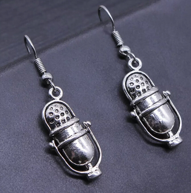 Vintage Inspired Silver Microphone Earrings, 1”, Music, Podcast Gift, New