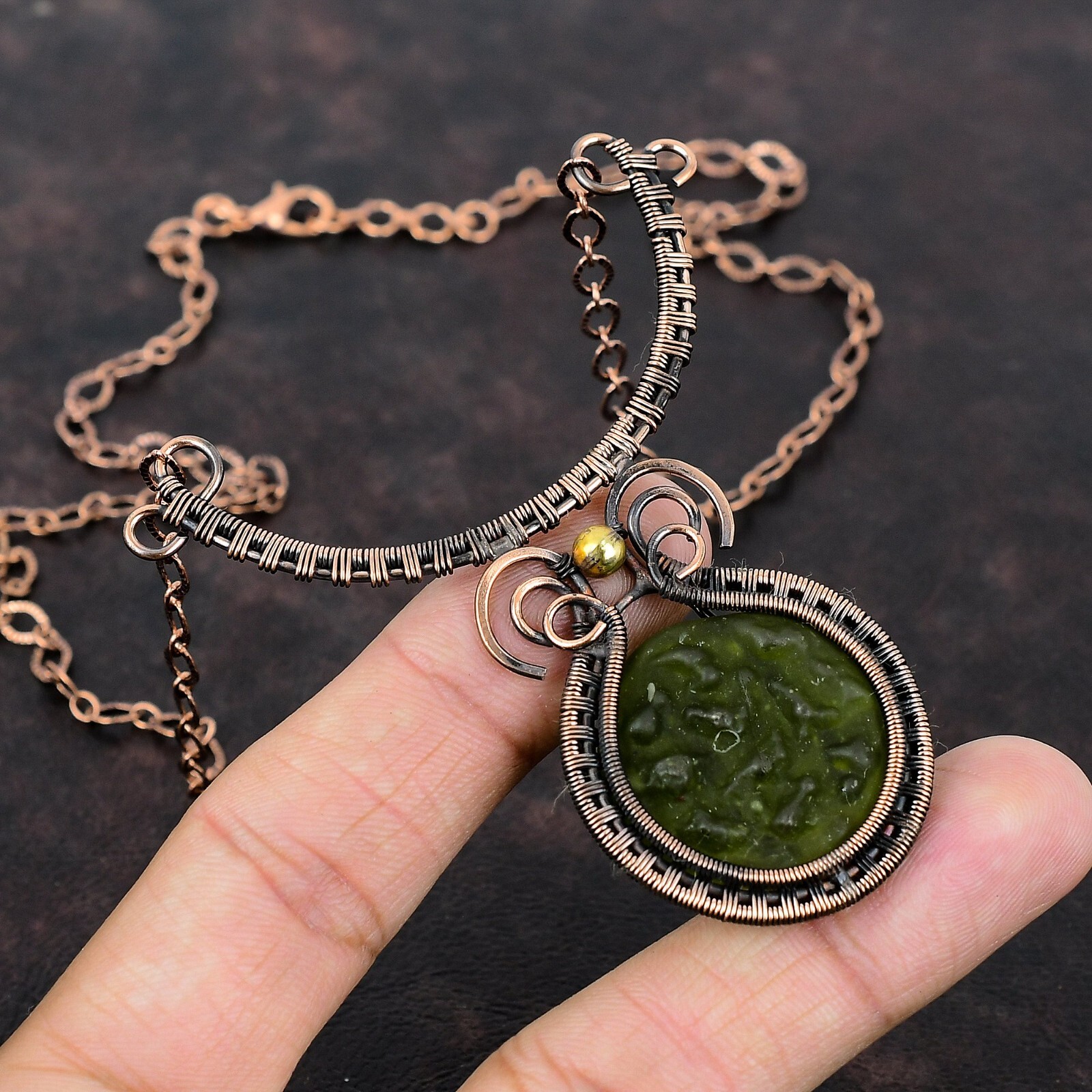 Moldavite Copper Gift For Mother Wire Wrapped Necklace Adjustable 18.0″