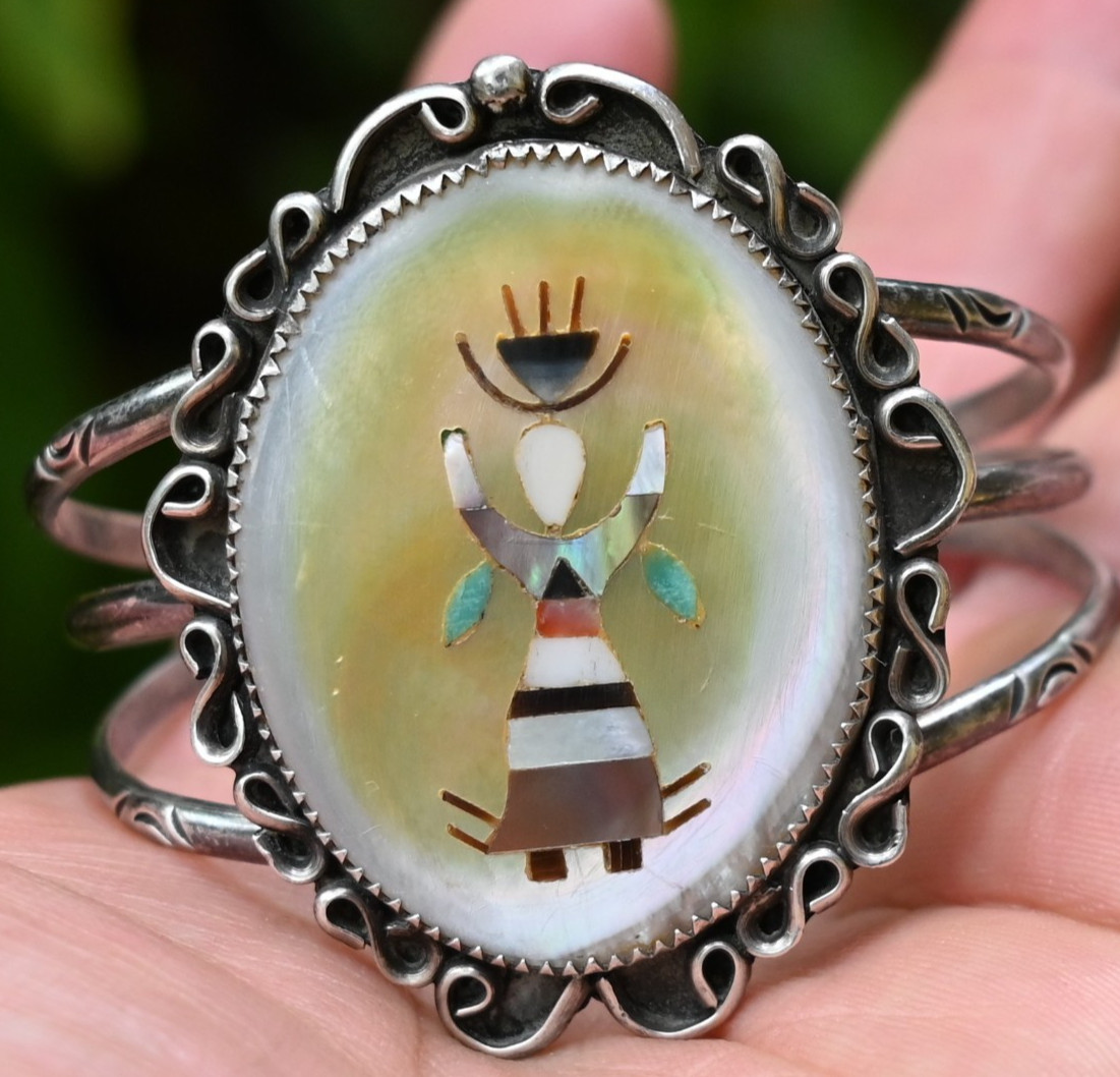 Tewa Pueblo Ga’an Dancer by Feline Naranjo Sterling & Gemstone 37 grm 6 3/4″ fit