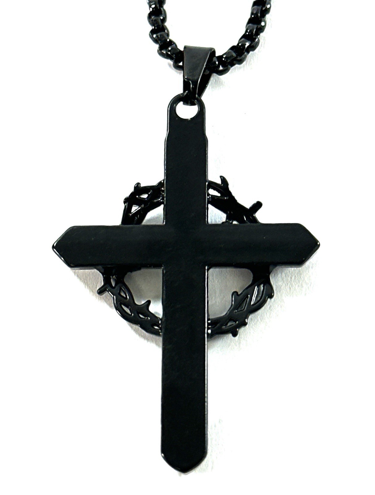 Black Cross Pendant Necklace Turquoise Inlay Crown of Thorns 24” Chain Christian