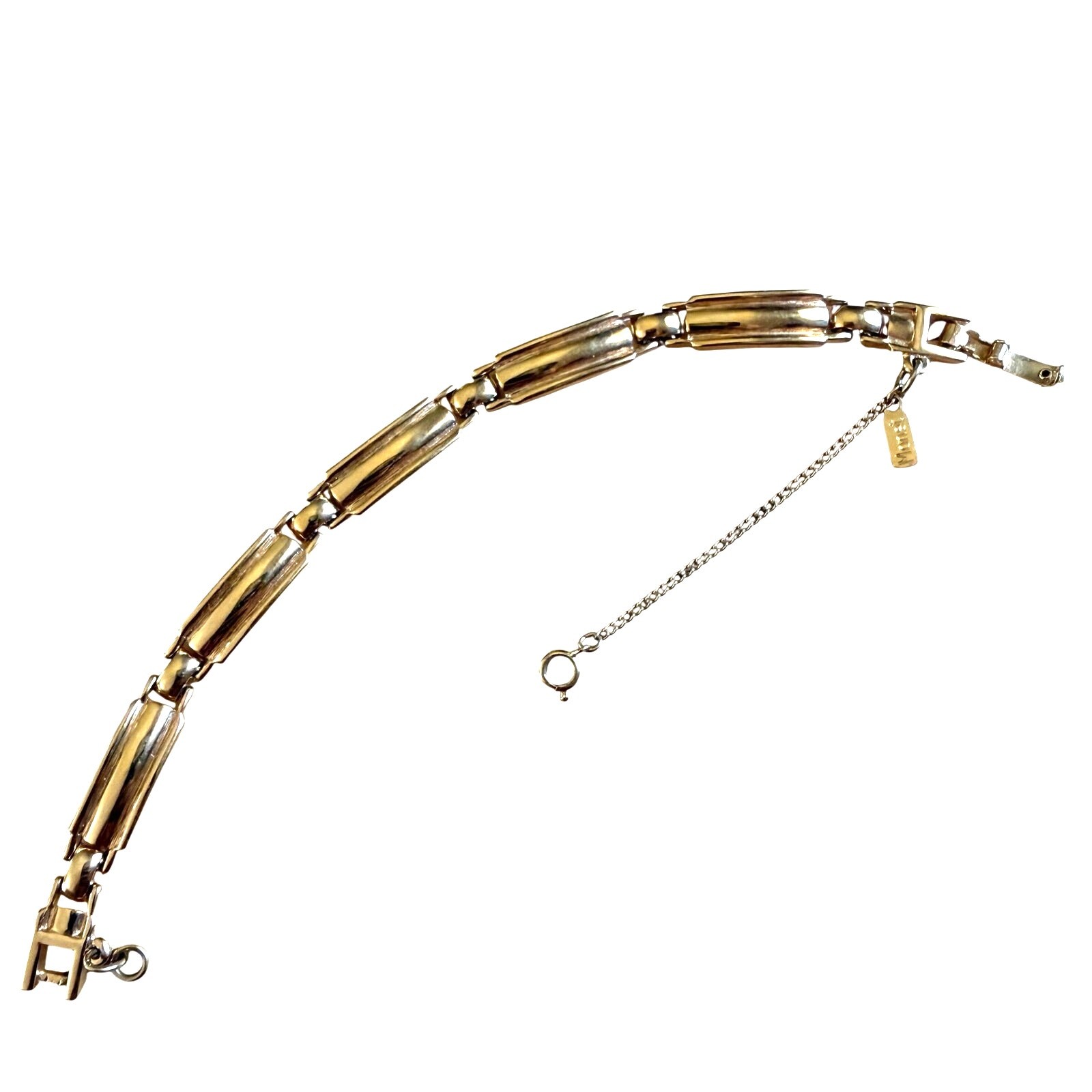Vintage Signed MONET Gold Tone Link Bracelet Fold Over Clasp and Safety Chain