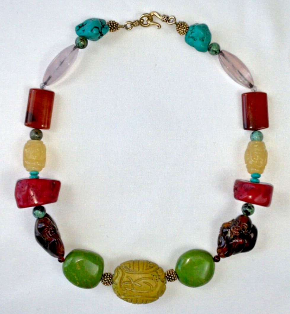 Beautiful Buddha Carved Bead Artisan STATEMENT NECKLACE Coral Turquoise Amber