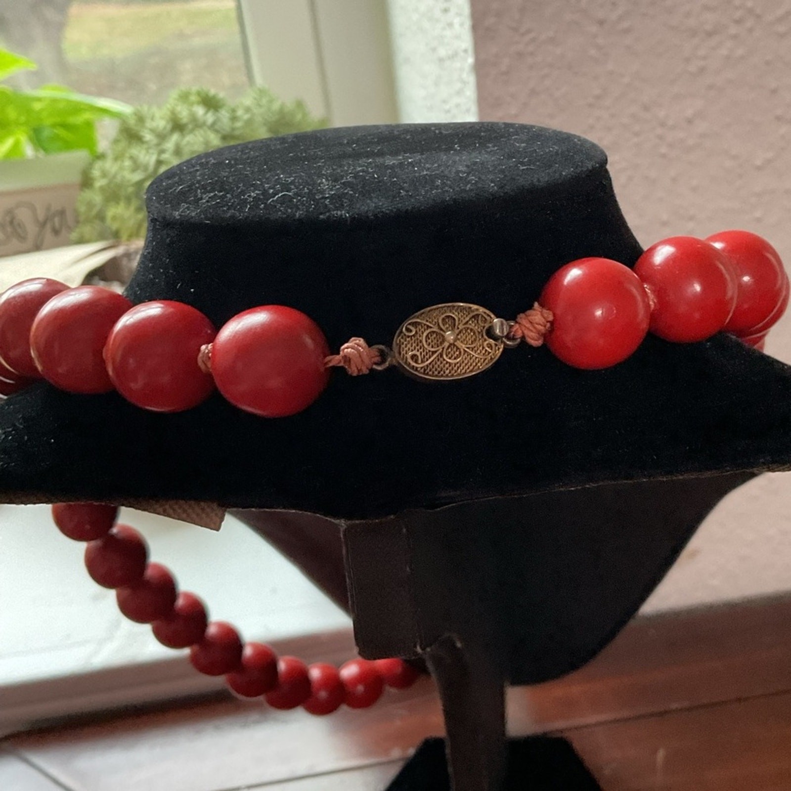 Vintage Rare Chinese Export Red Wooden Bead Silver Filigree Clasp Necklace