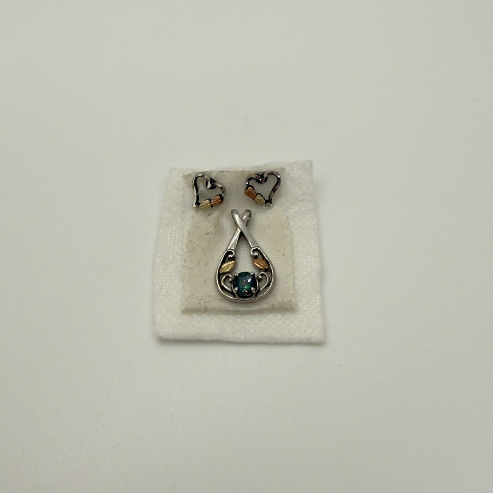 Landstrom’s Black Hills Gold Silver Heart Stud Earrings Mystic Topaz Pendant Set