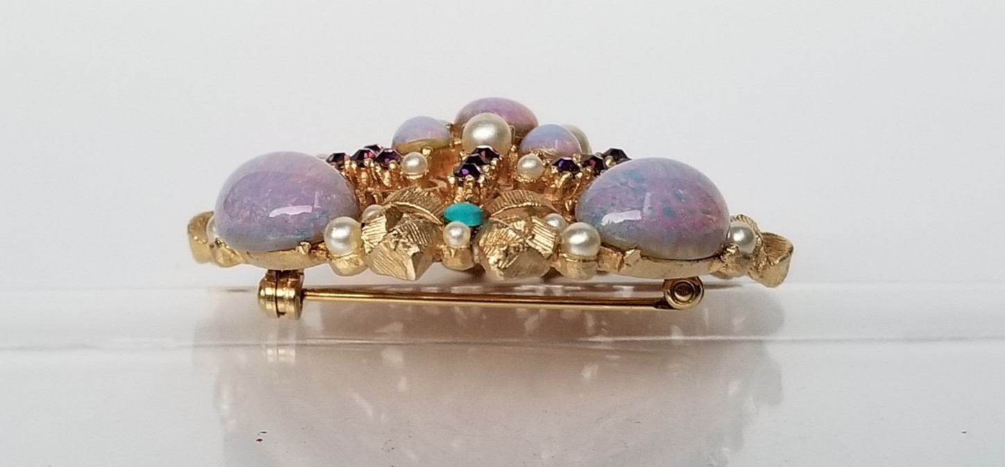 Vintage R. MANDLE Faux Opal, Pearl & Turquoise Rhinestone Gold Tone Pin Brooch