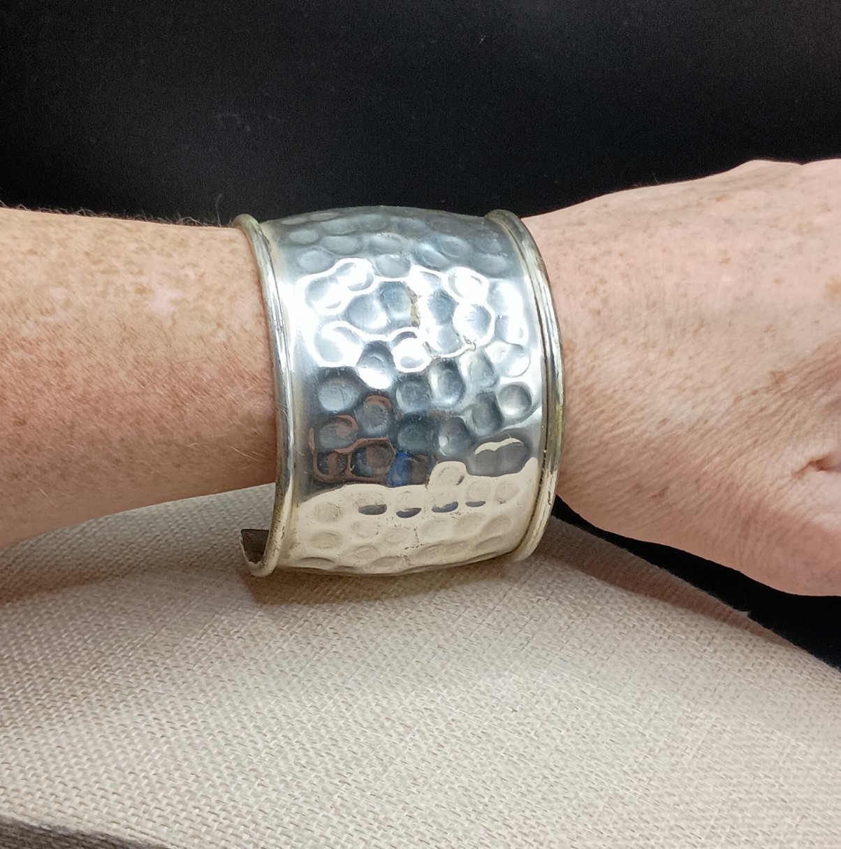 Mens Cuff Bracelet Hammered Silver Tone Open Bangle Wide 2.25” Size 7-9 Adjusts