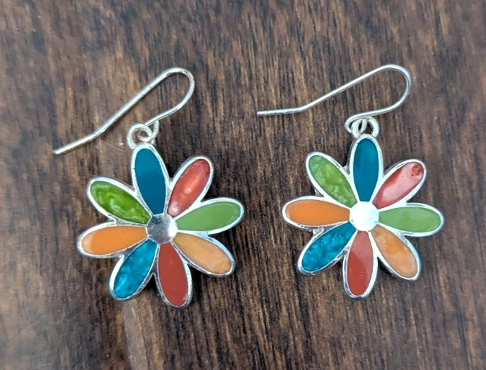 Blue, Red, Green, and Yellow/Orange Flower Pendant and Earring Set