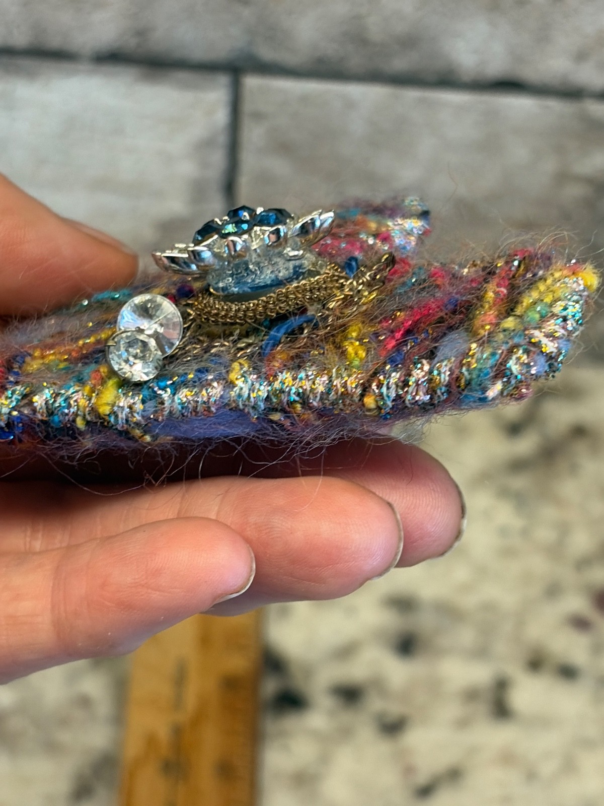 Vintage Handmade Fur Yarn HEART Pin Brooch Flower Rhinestone 3D Red Blue 3.75″