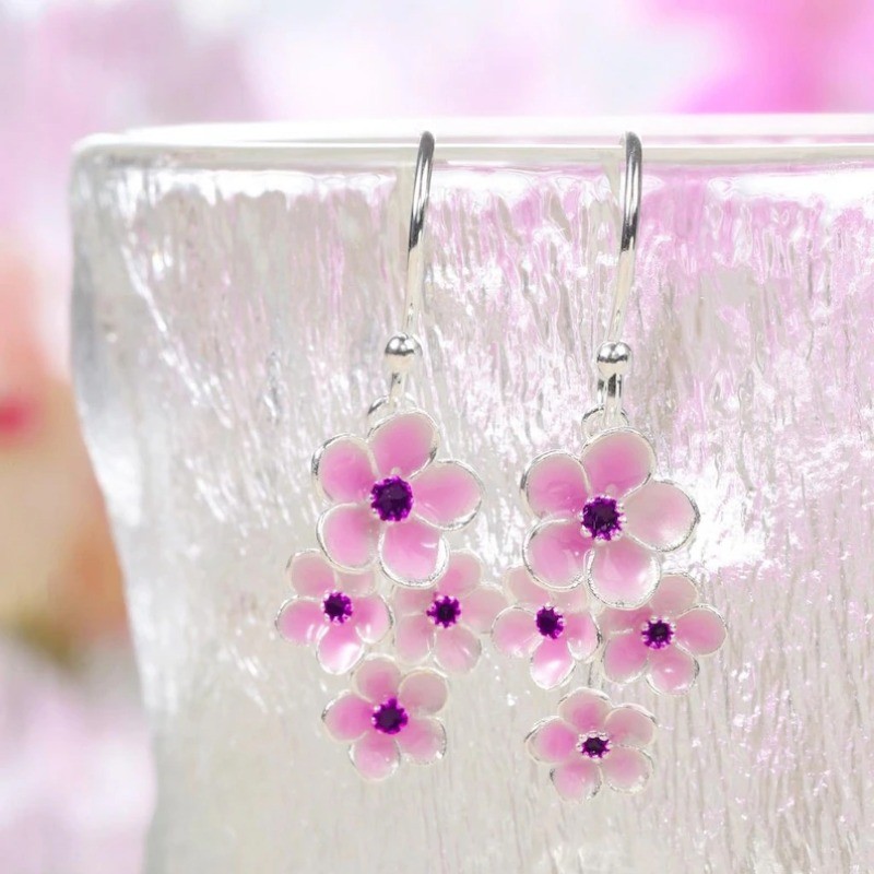 1Pcs Pink Cherry Blossom Dangle Earrings Flower Hook Drop Earrings