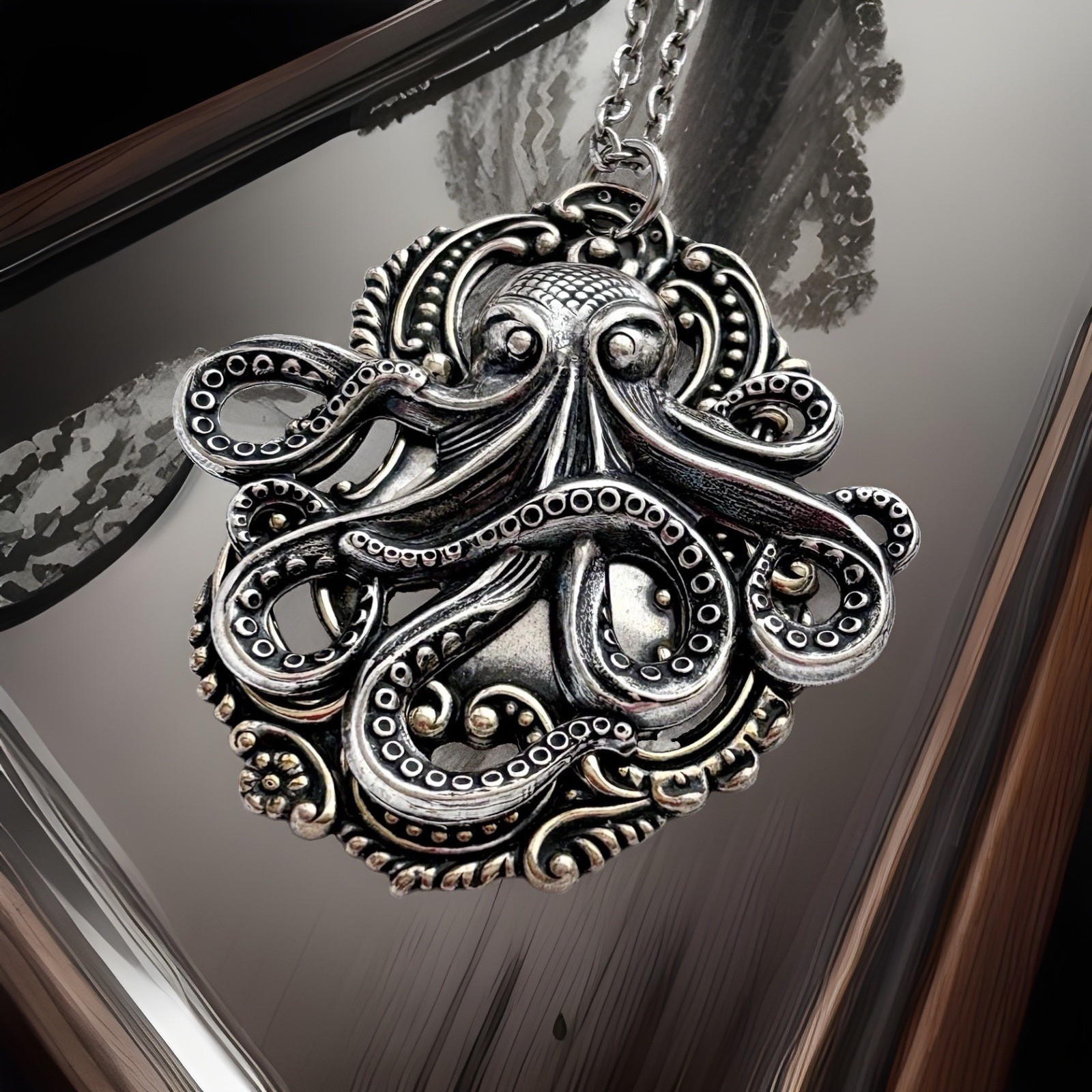 X-Lrg Octopus Kraken Necklace, Sterling Silver plated, Gothic Pirate Pendant