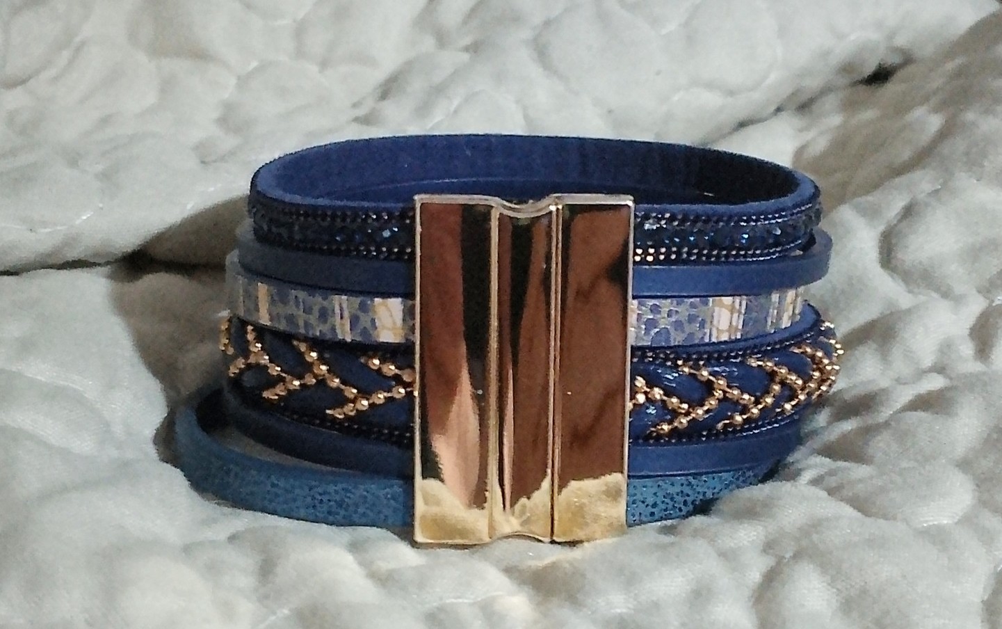 Blue Multi-Strand Wrap Cuff Bracelet Gold Magnetic Clasp Navy Blue