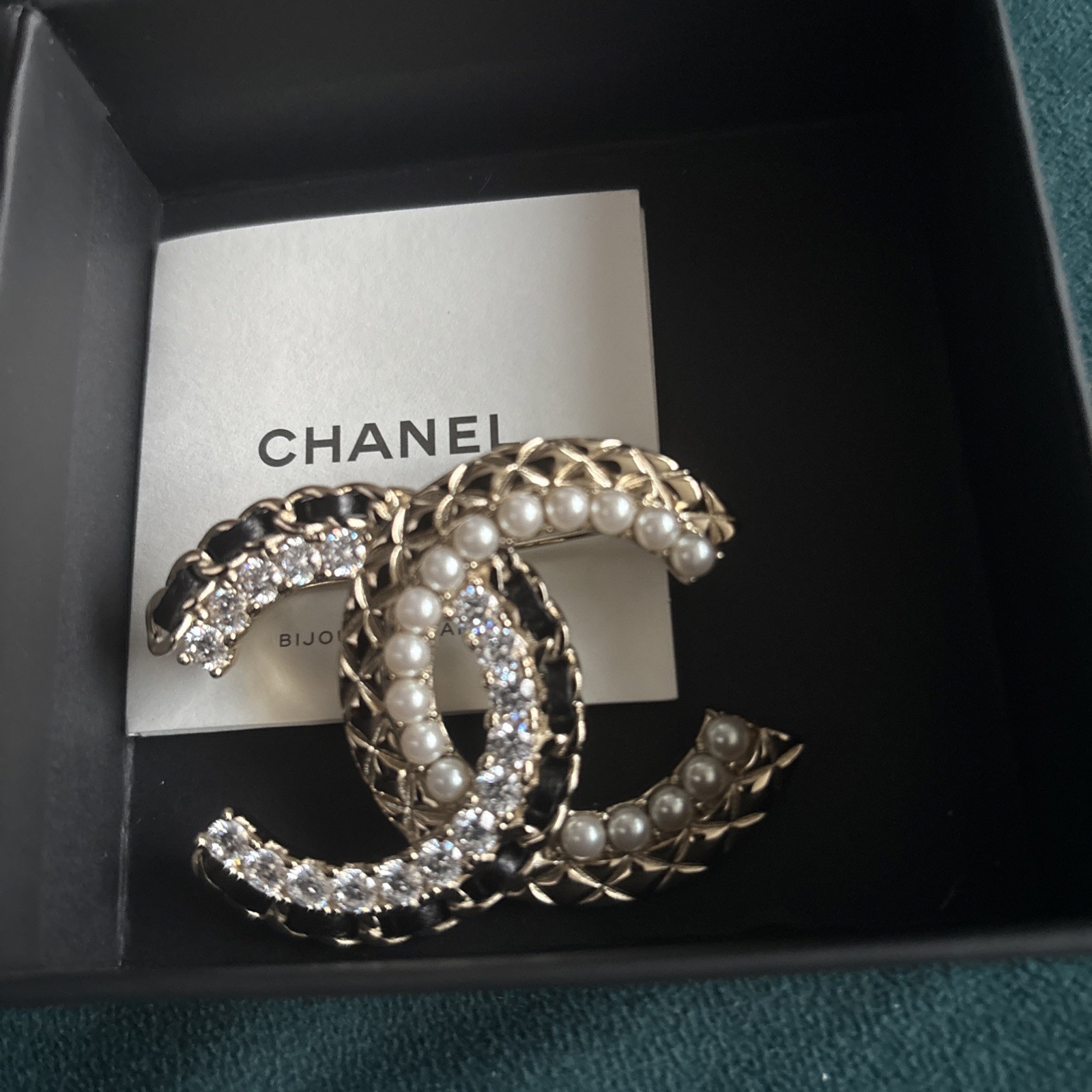 NEW in BOX Large REV Chanel Brooch Pin Gold Black Leather Chain Crystal Pearl CC