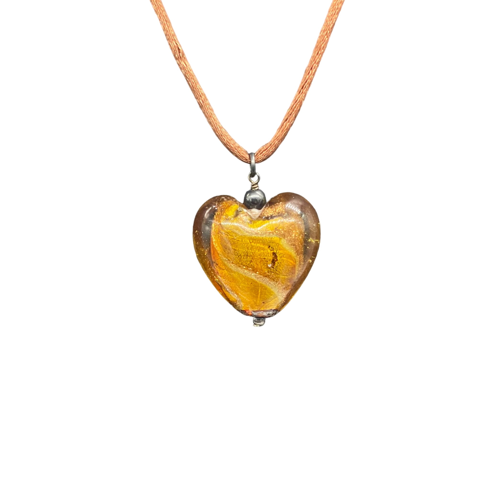 925 Sterling Silver Heart Pendant Cord Necklace Orange 18 to 20 Inches