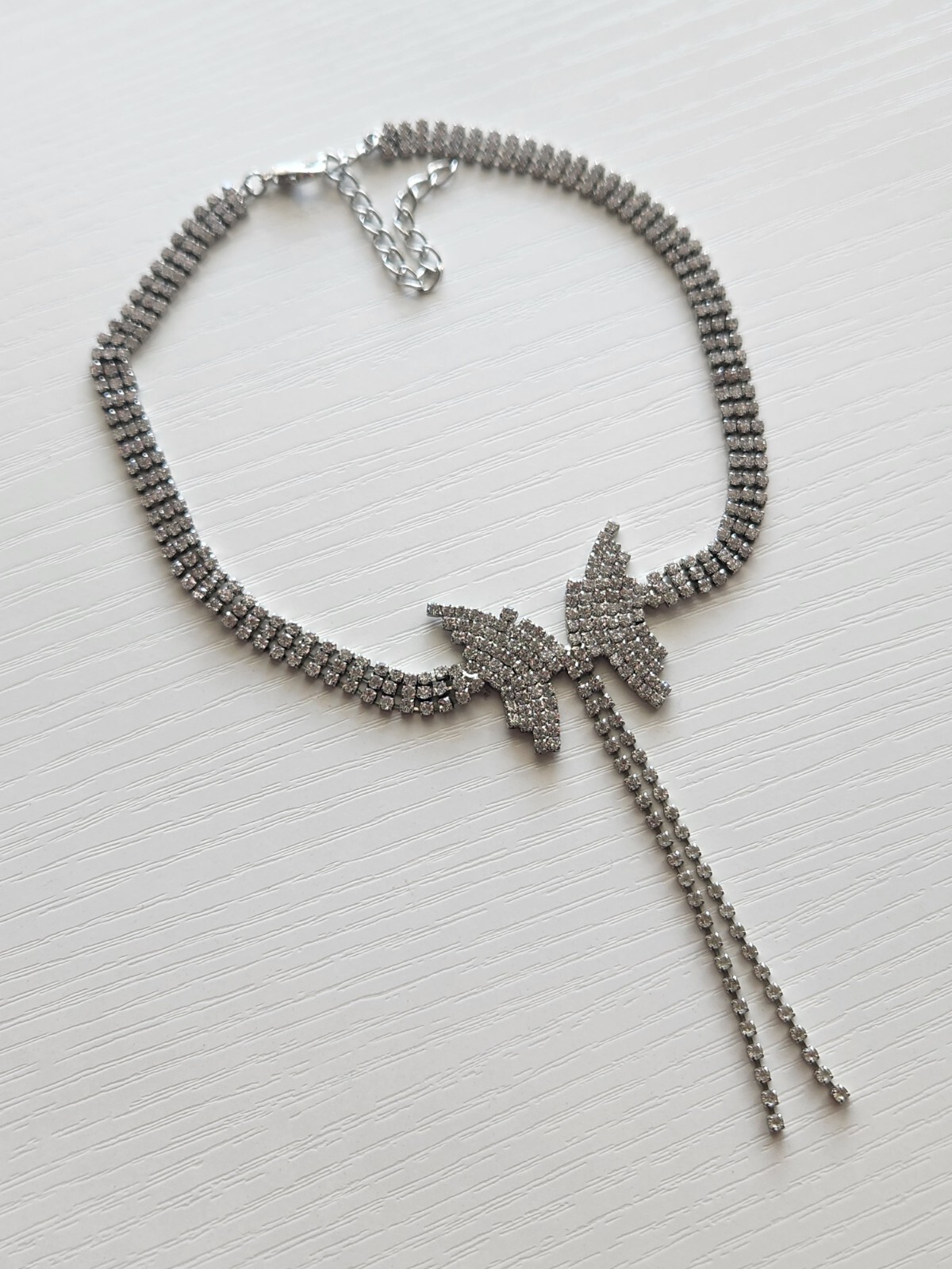 Prong Set Clear Rhinestone Pave Butterfly Chain Drop Silvertone Choker Necklace