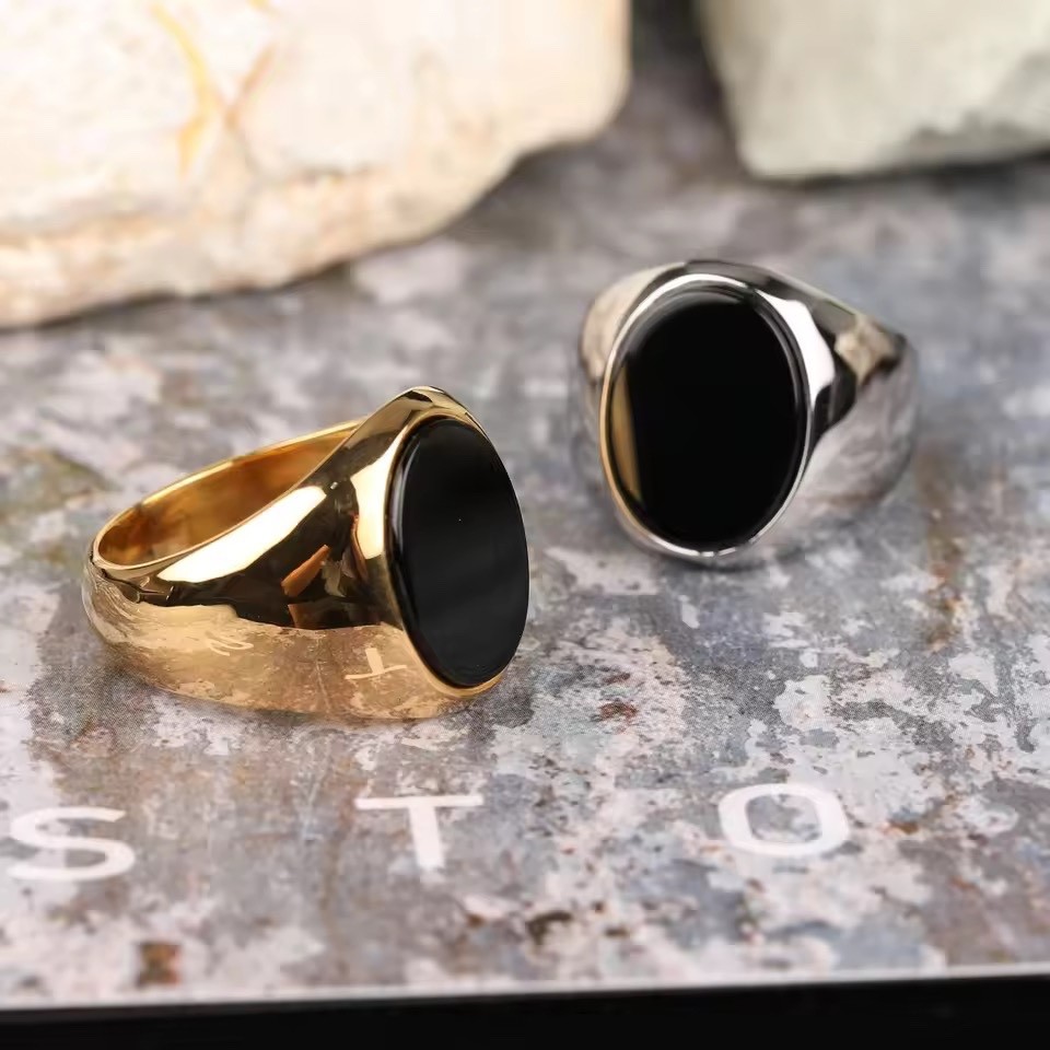 Men’s Ring High Quality 316L Stainless Steel Gold Silver Color Black Onyx Oval