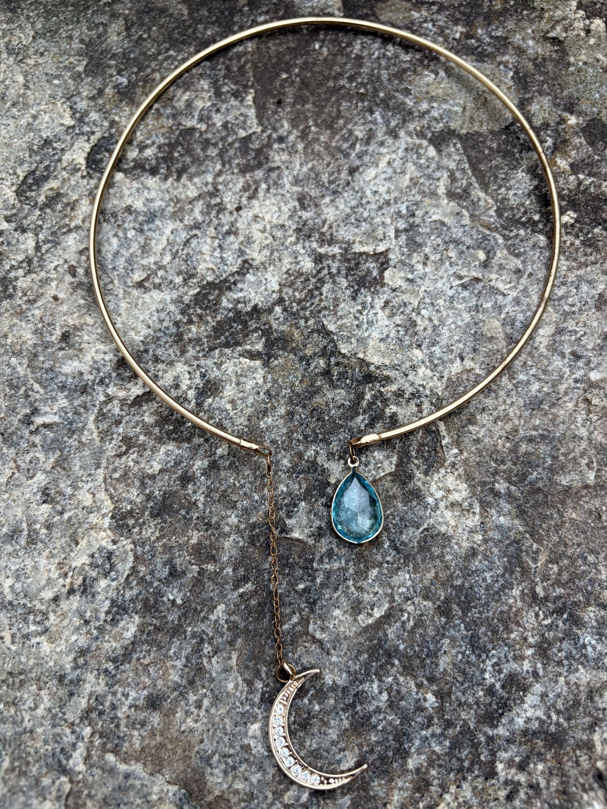 Gold Tone Crescent Moon Teardrop Aquamarine Rhinestone Open Collar Choker