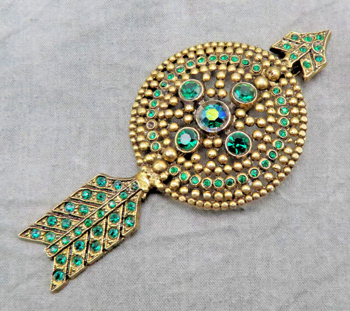 Antique Rhinestone Brooch Arrow Emerald Green Crystal 3.75 in OOAK Vintage 263f
