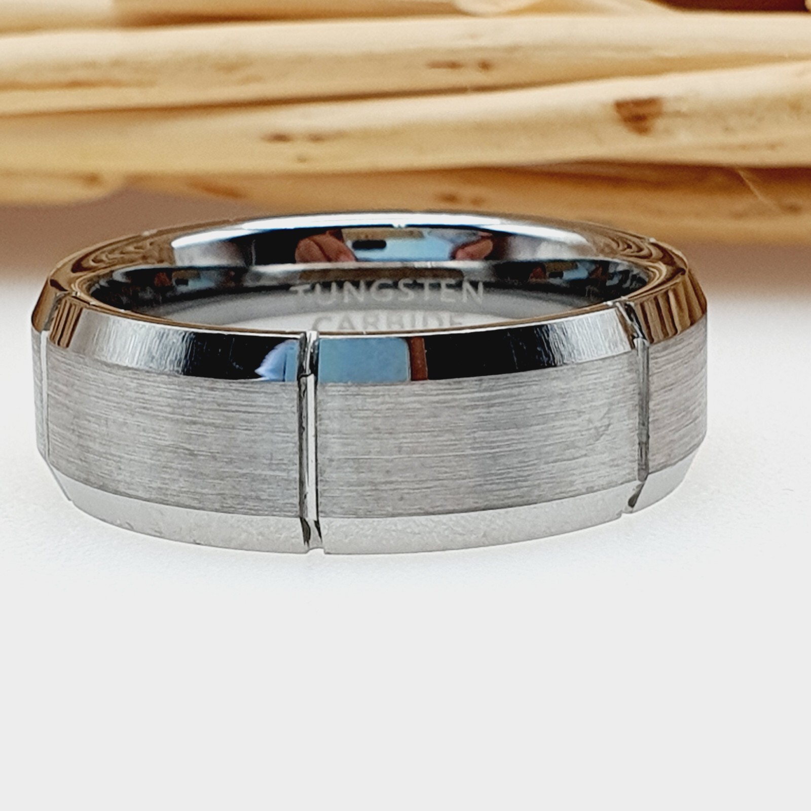 Mens Wedding Band Satin Brushed Ring High Polished Beveled Edges Tungsten Ring