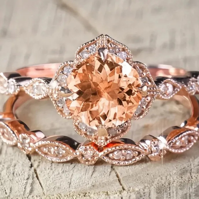 White Champagne Pink CZ 2Pcs Rose Gold Zinc Alloy Wedding Rings for Women Party
