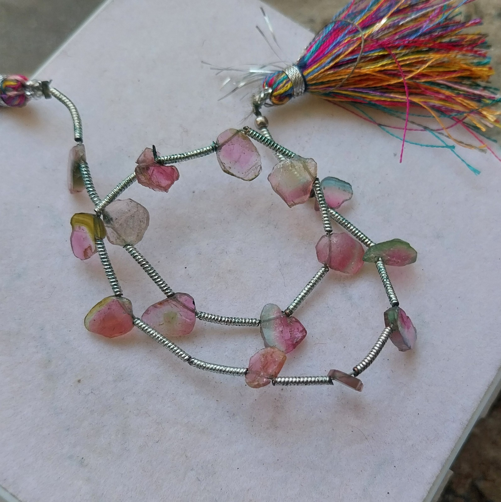 15 Carat Natural Watermelon Pink Bi-Color Tourmaline Slice 8 Inch Necklace
