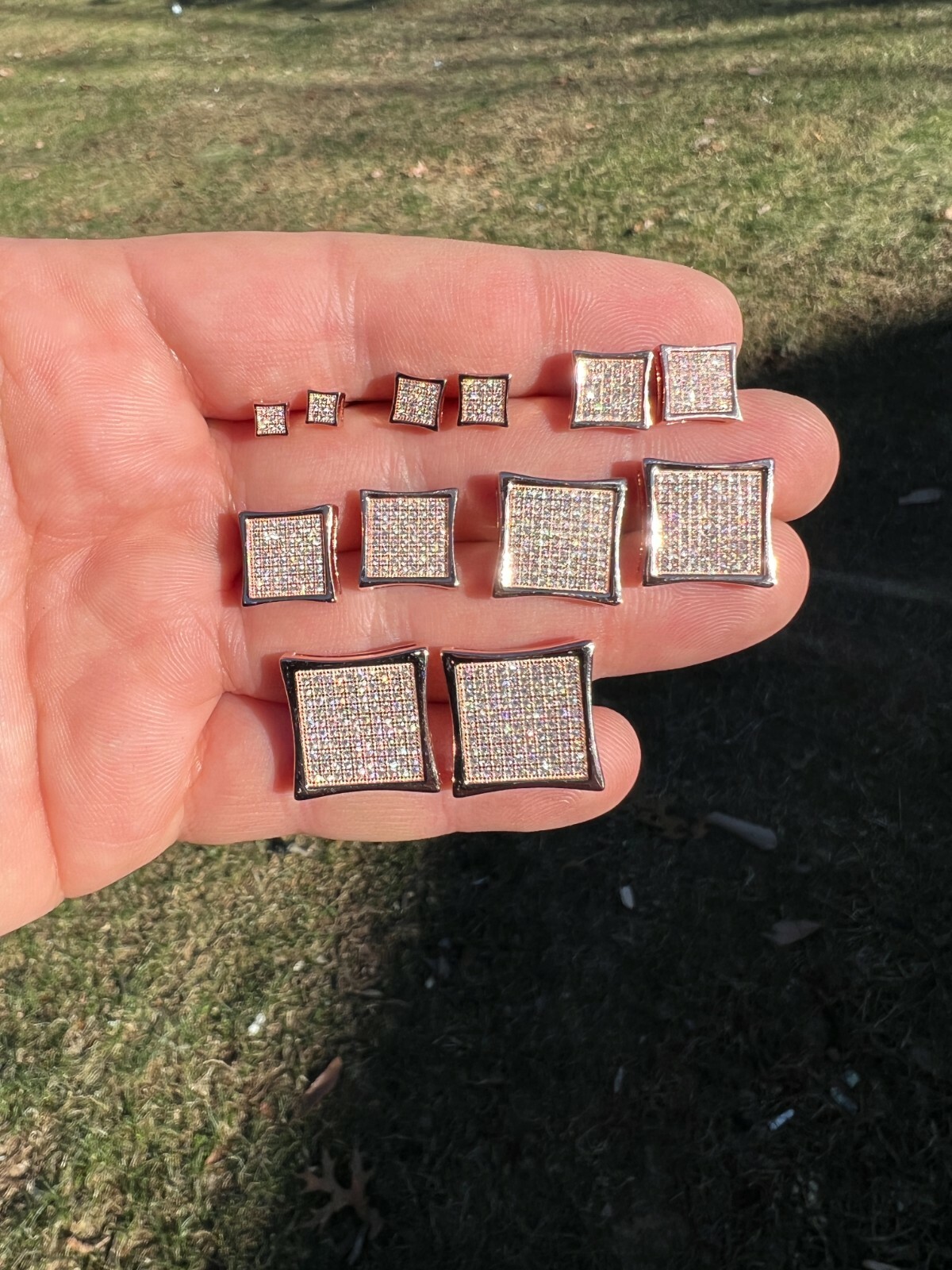 Square Kite Earrings Iced CZ Hip Hop Mens Ladies Real 14k Rose Gold Plated