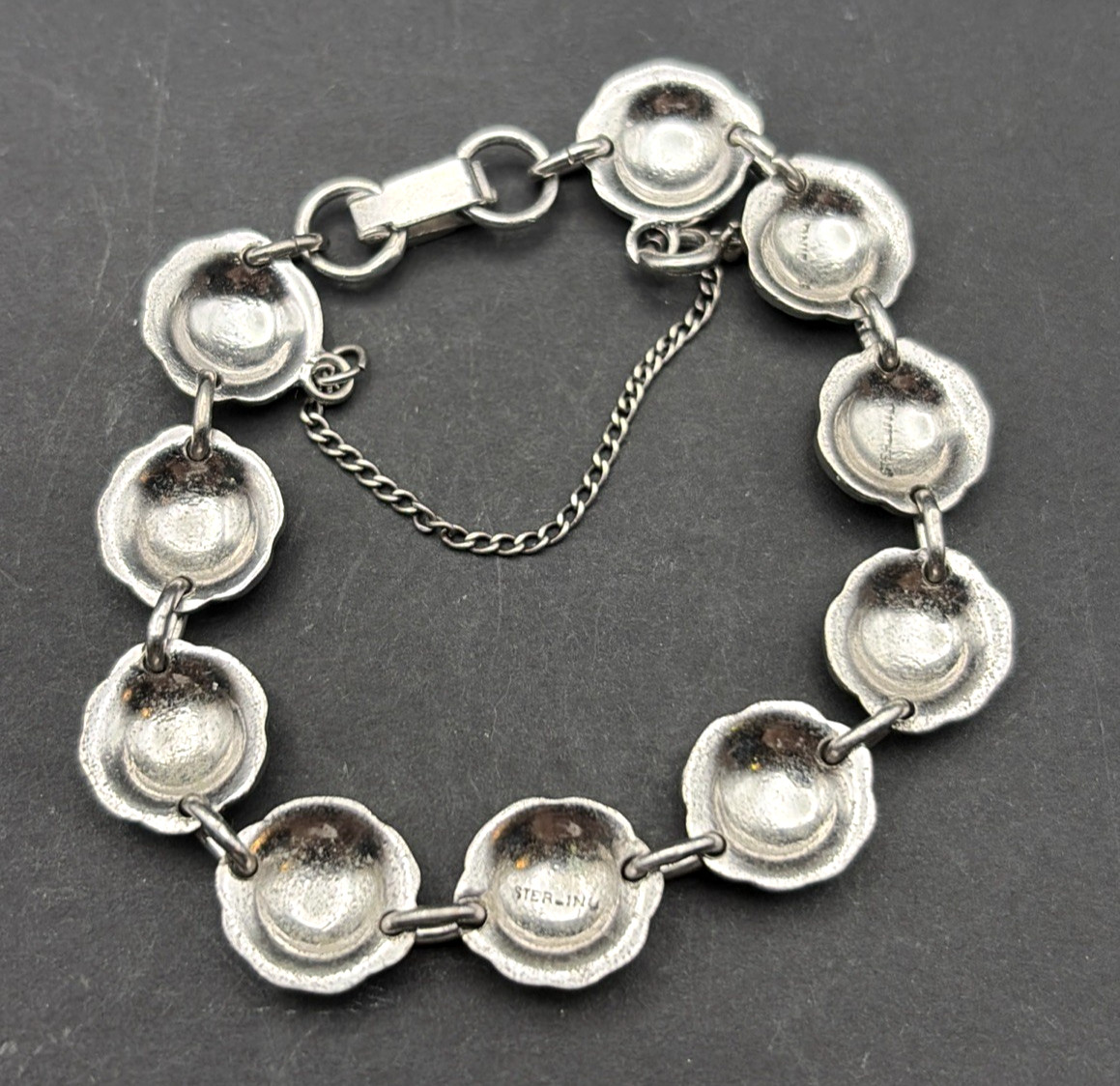 Sterling Silver 925 Rosette Link Bracelet with Safety Catch 16.1g