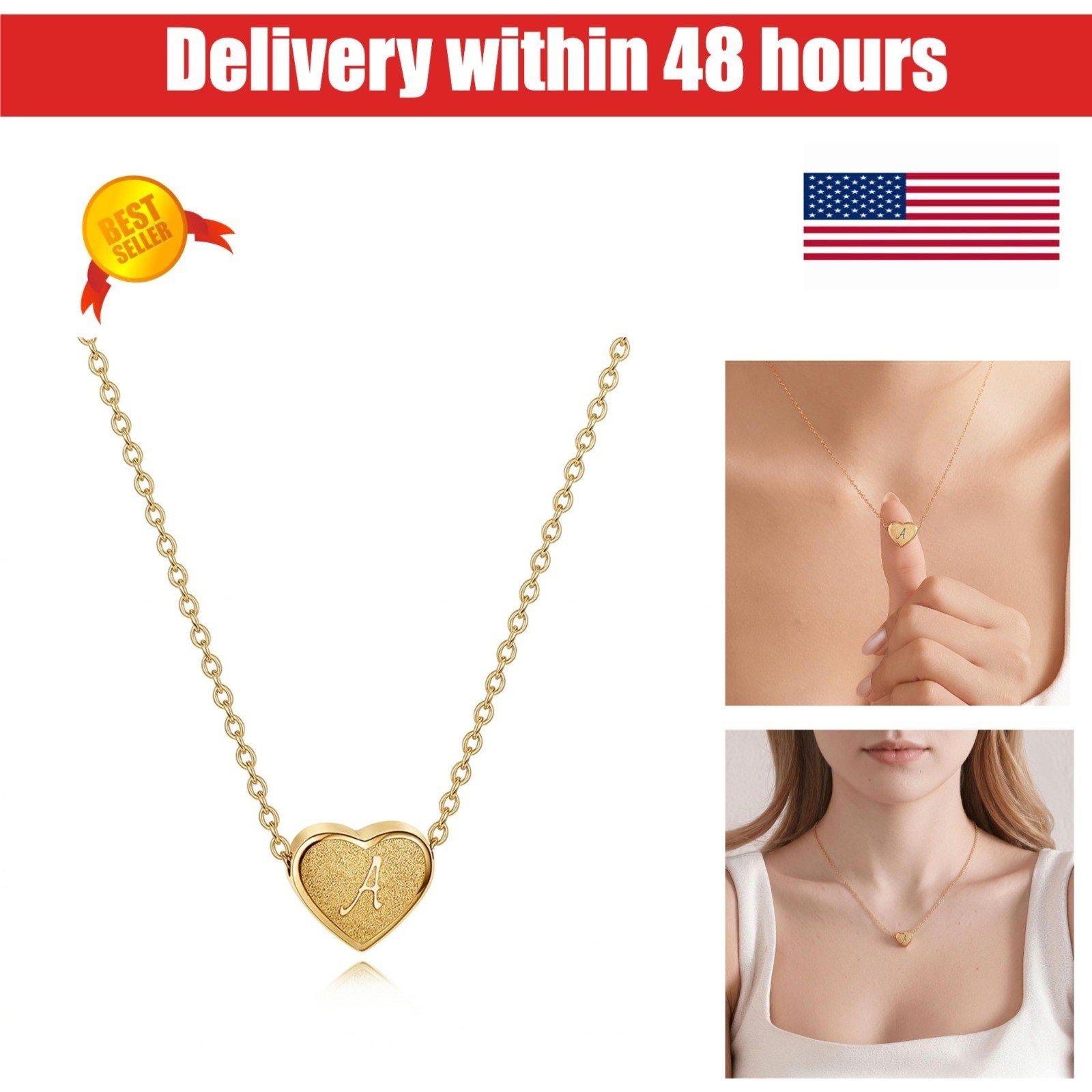 18k Gold Plated Heart Pendant Initial Necklace for Women Girls