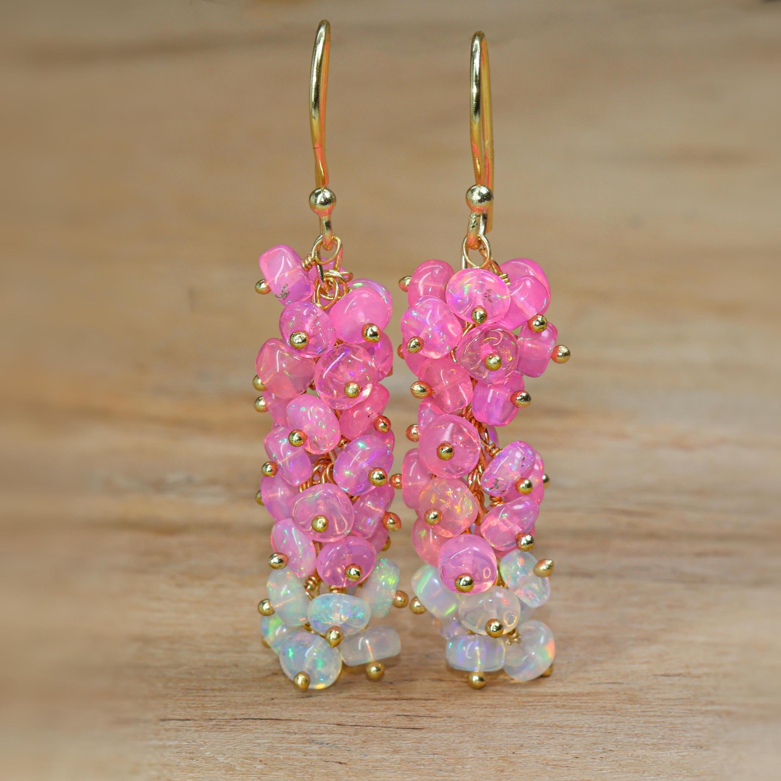 Pink and White Opal Beads Earring, Natural Opal Gemstone Cluster Earring for her