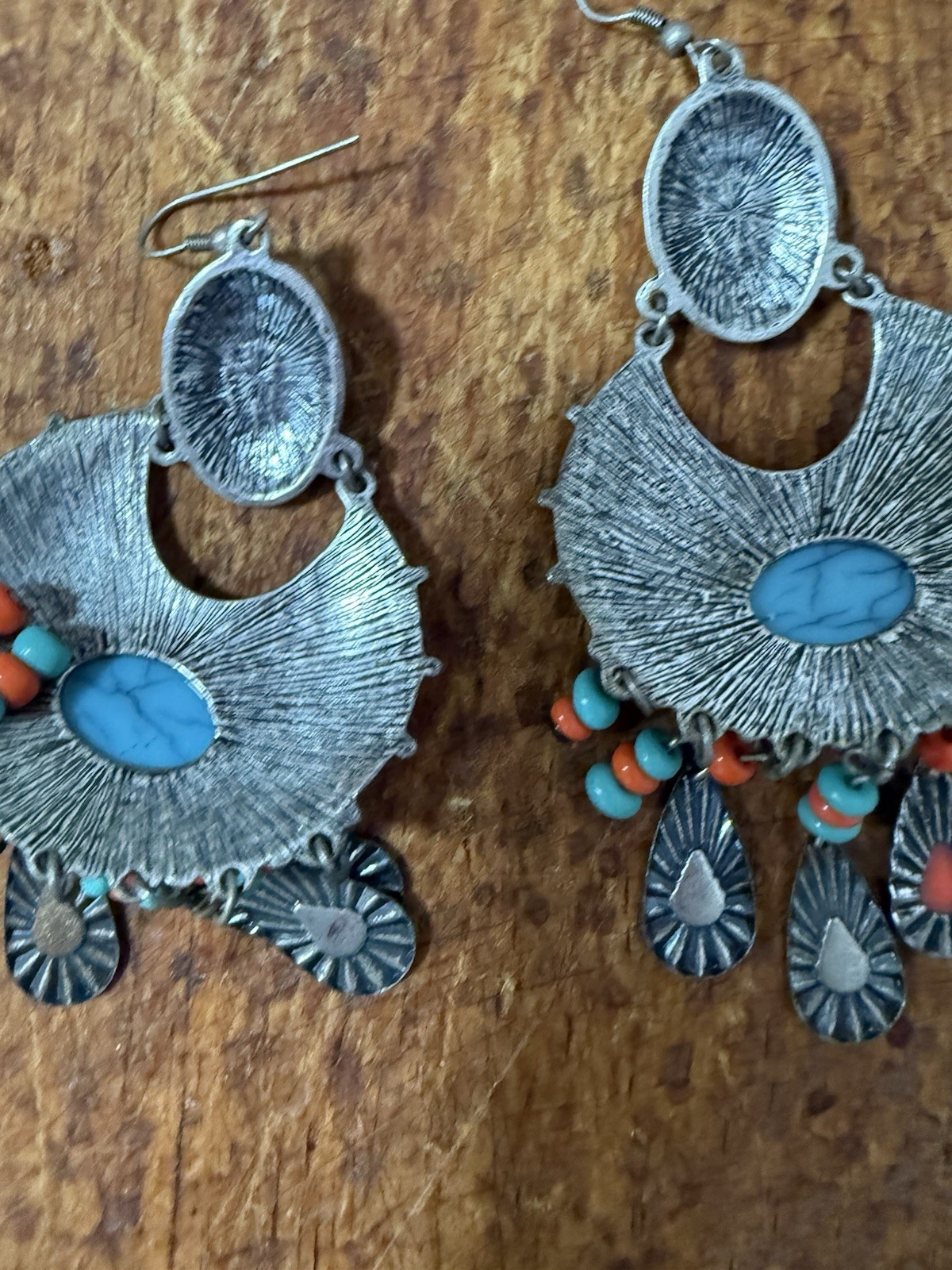 Silver Tone Etched Crescent Dangle Hook Earrings Turquoise Blue & Orange Beads