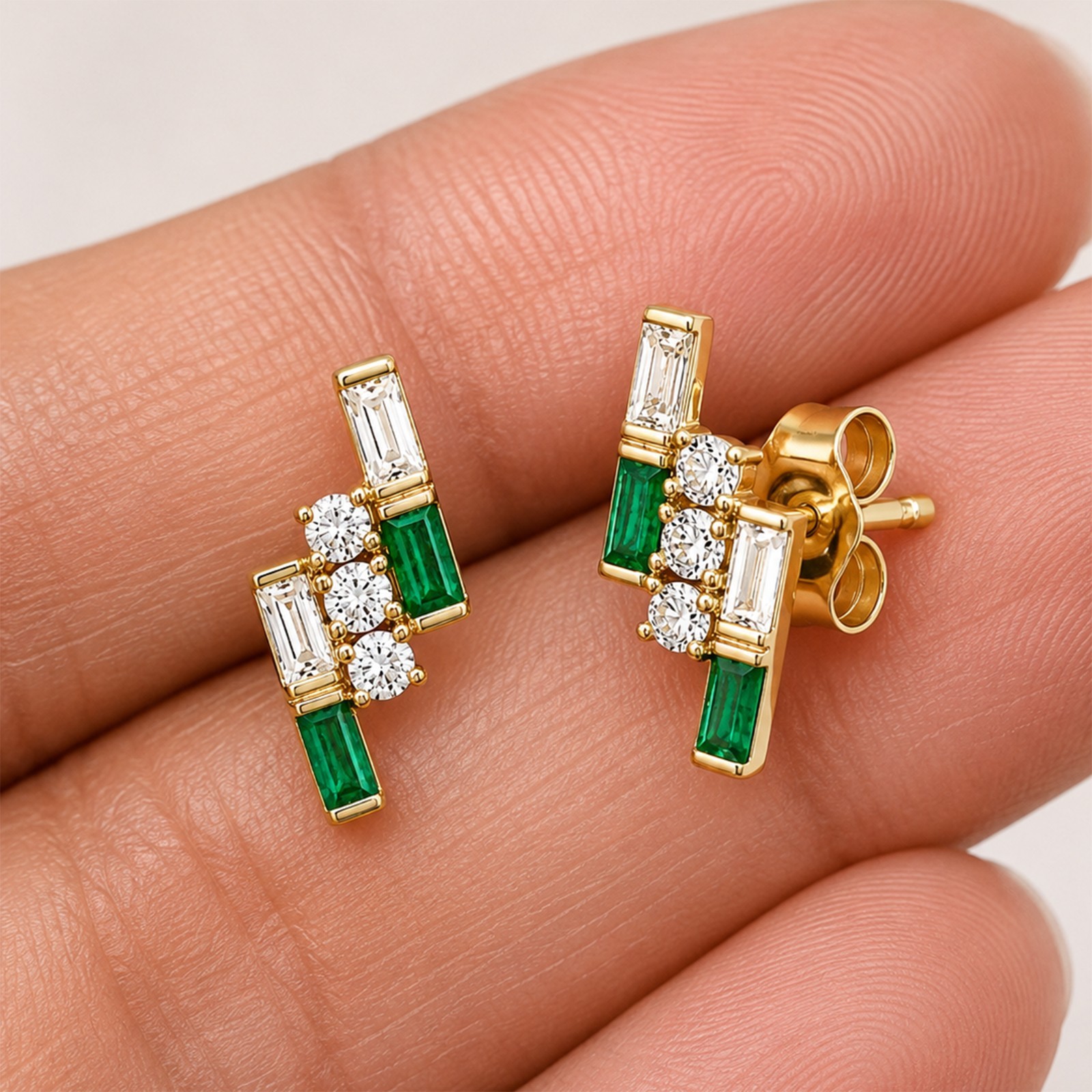 Baguette Emerald &Diamond Half Bezel Stud Earrings Solid 14K Yellow Gold Jewelry