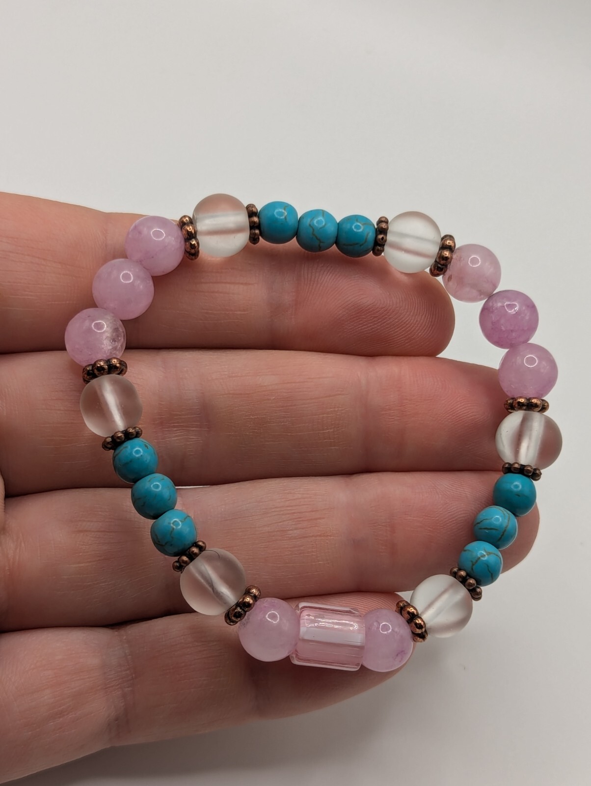 Pink / Blue 6-8mm Beaded Stretch Bracelet (16cm) Small Wrist