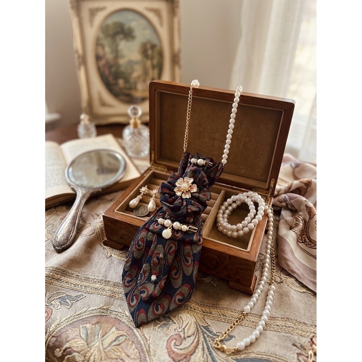 Geoffrey Beene Upcycled Paisley Tie Necklace Set Pearl Earrings & Bracelets