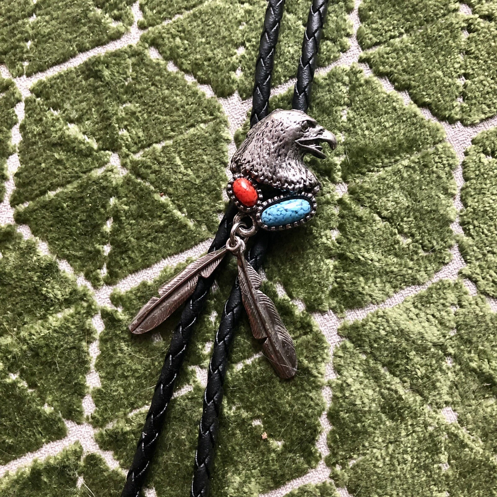 Eagle Bolo Tie Vintage 70’s / 80’s 17.5” Manmade Turquoise & Ruby
