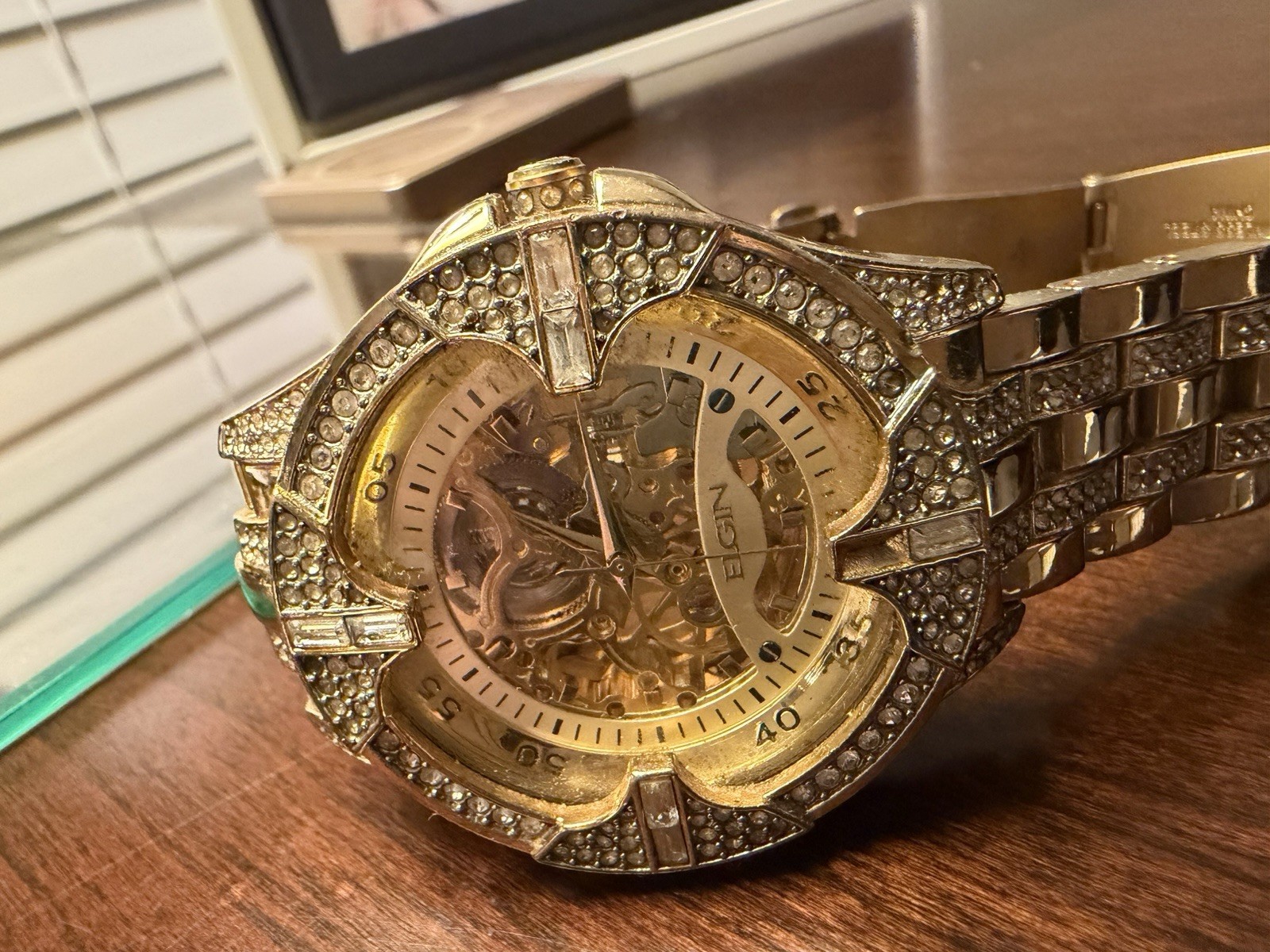 Elgin men’s Dress Mechanical Automatic Skeleton Dial Gold Bracelet Watch