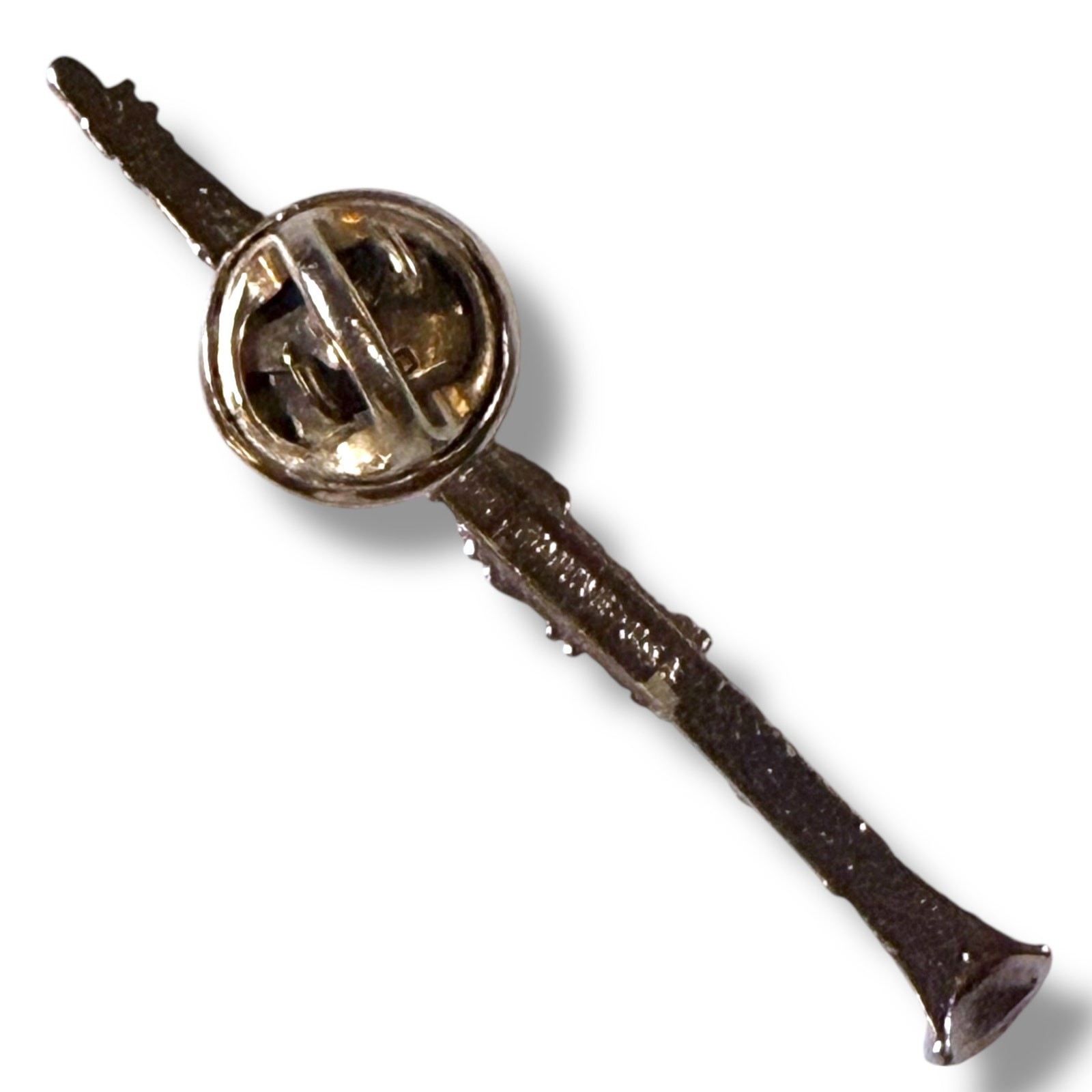 Vintage Future Primitive Lapel Pin Miniature Clarinet Silver Tone Black Patina