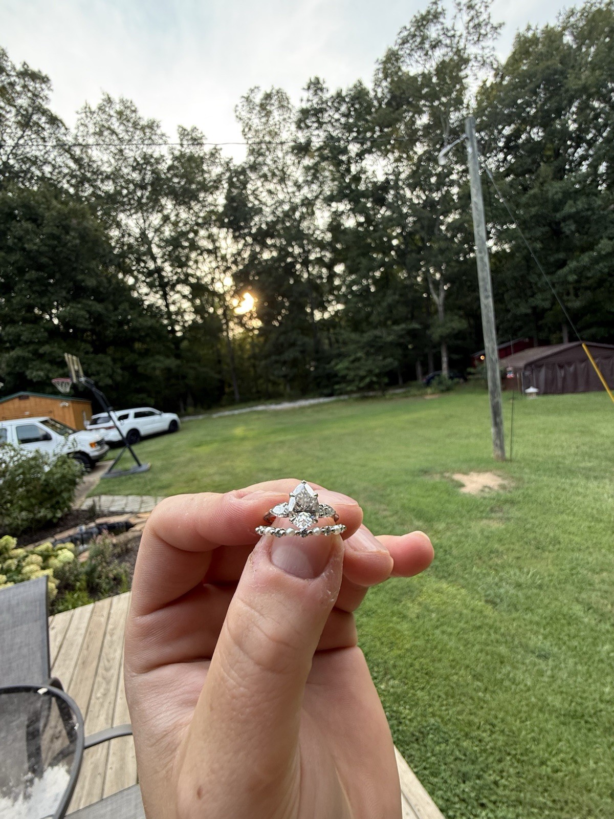 18K White Gold Round 3 Pear Moissanite Prong Set Engagement Ring Women Size 5.75