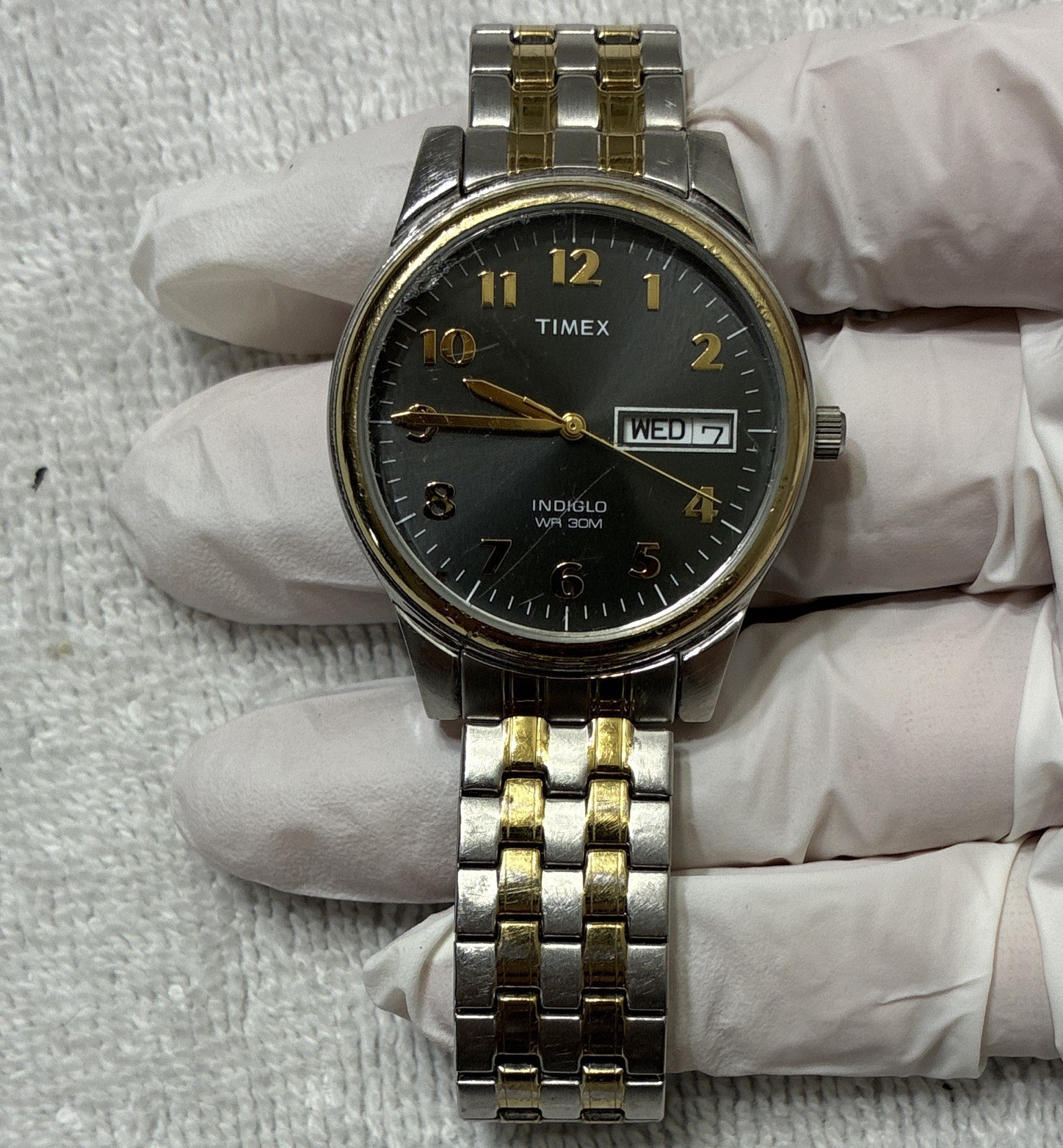 Timex Indiglo Quartz Men’s Day/Date 33mm Black Dial Two-Tone Bracelet Watch
