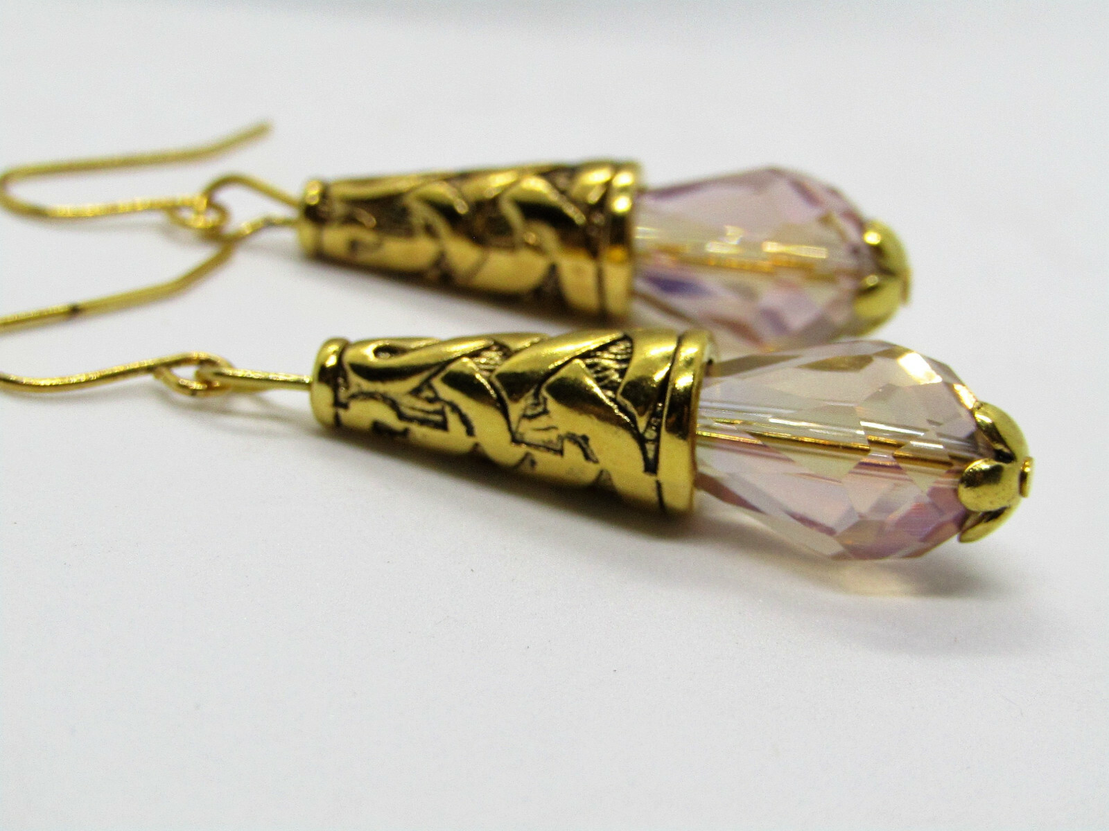 Artisan Made, Beige AB Teardrop Crystal Gold Dangle Earrings, Fashion Earrings