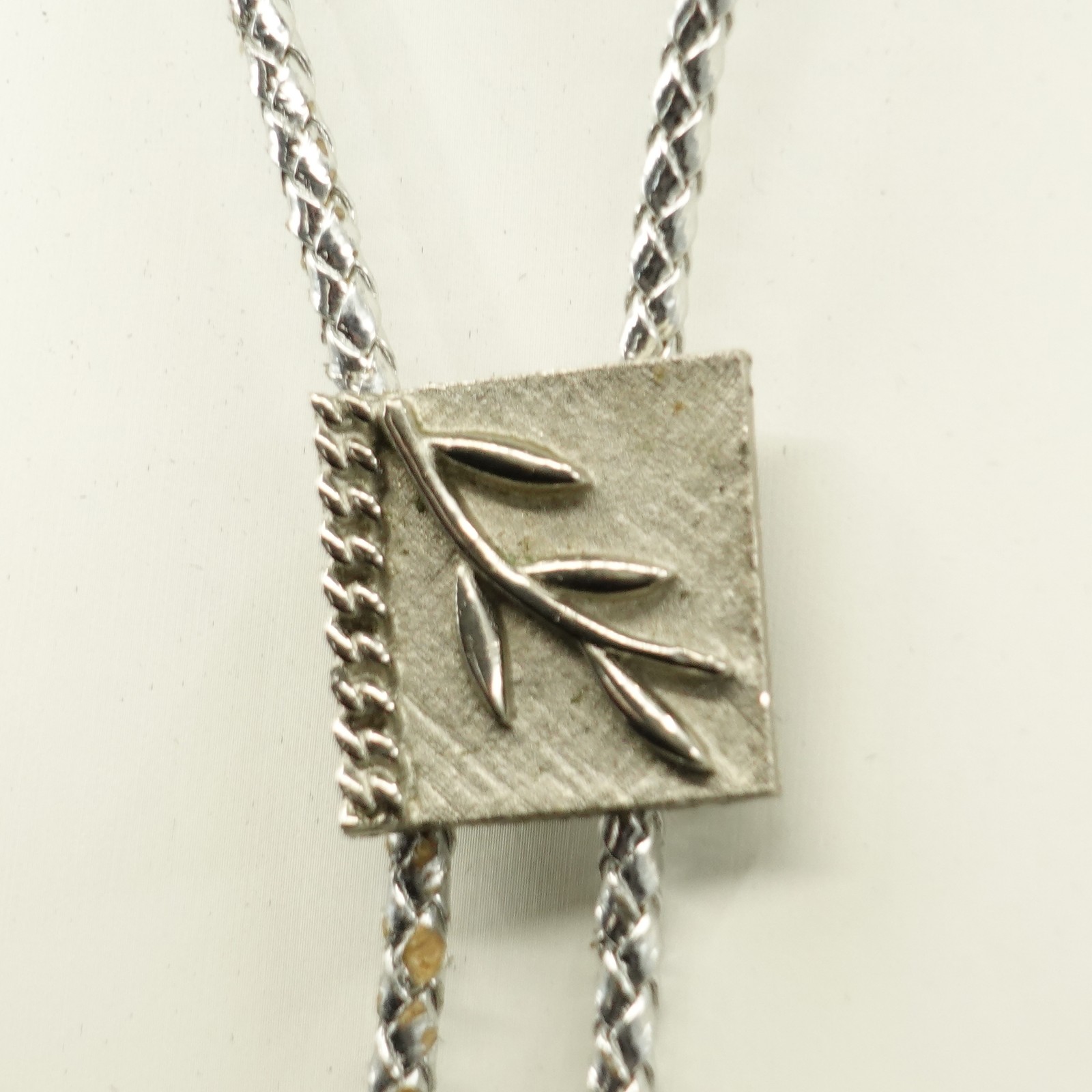 Bolo Tie | 70s Sterling Silver Square with Textured Olive Branch