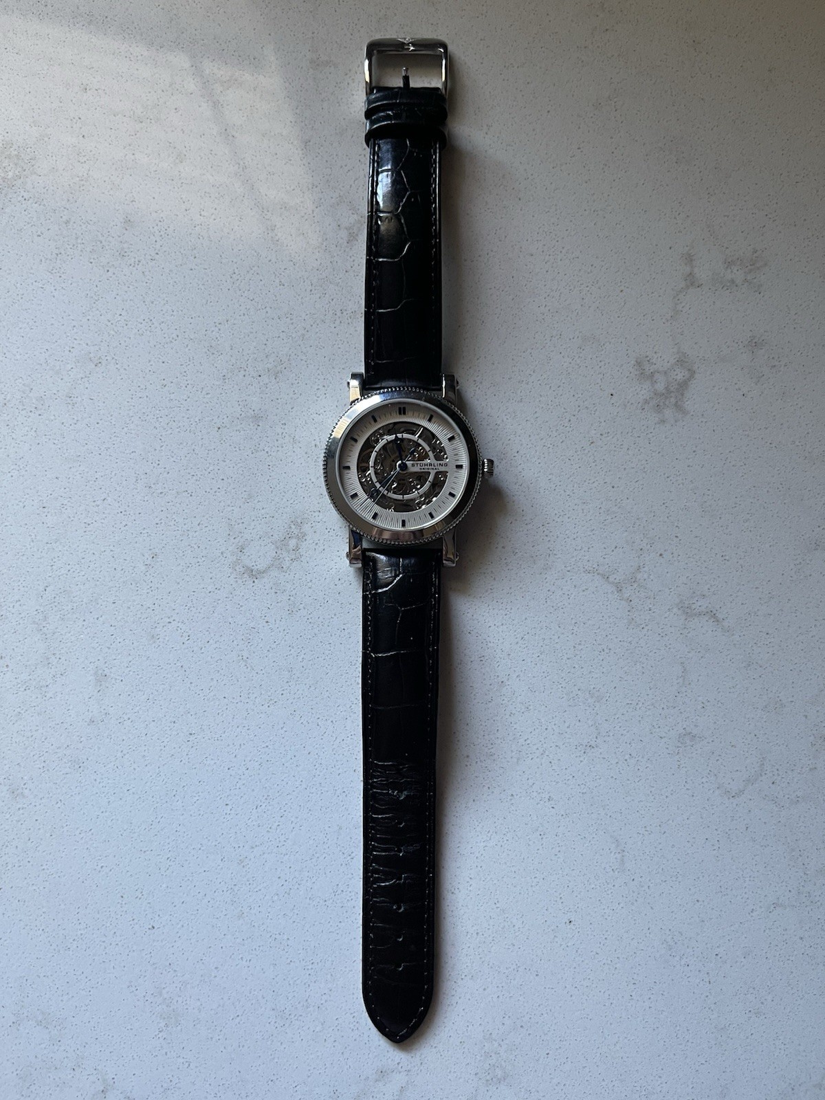 Stuhrling Original 20 Jewels Lexus Automatic Skeleton Black Leather Mens Watch