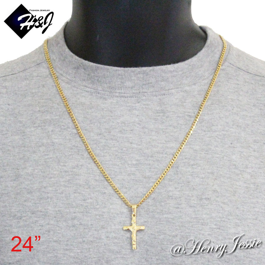 24″MEN Stainless Steel 3mm Gold Plated Cuban Curb Chain JESUS Cross Pendant*GP12