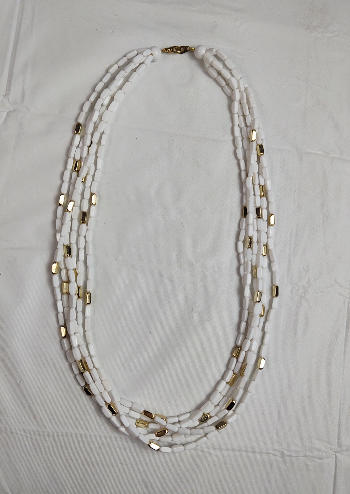 Vintage 6 Strand White & Gold Tone Bead Necklace Women’s Costume Jewelry