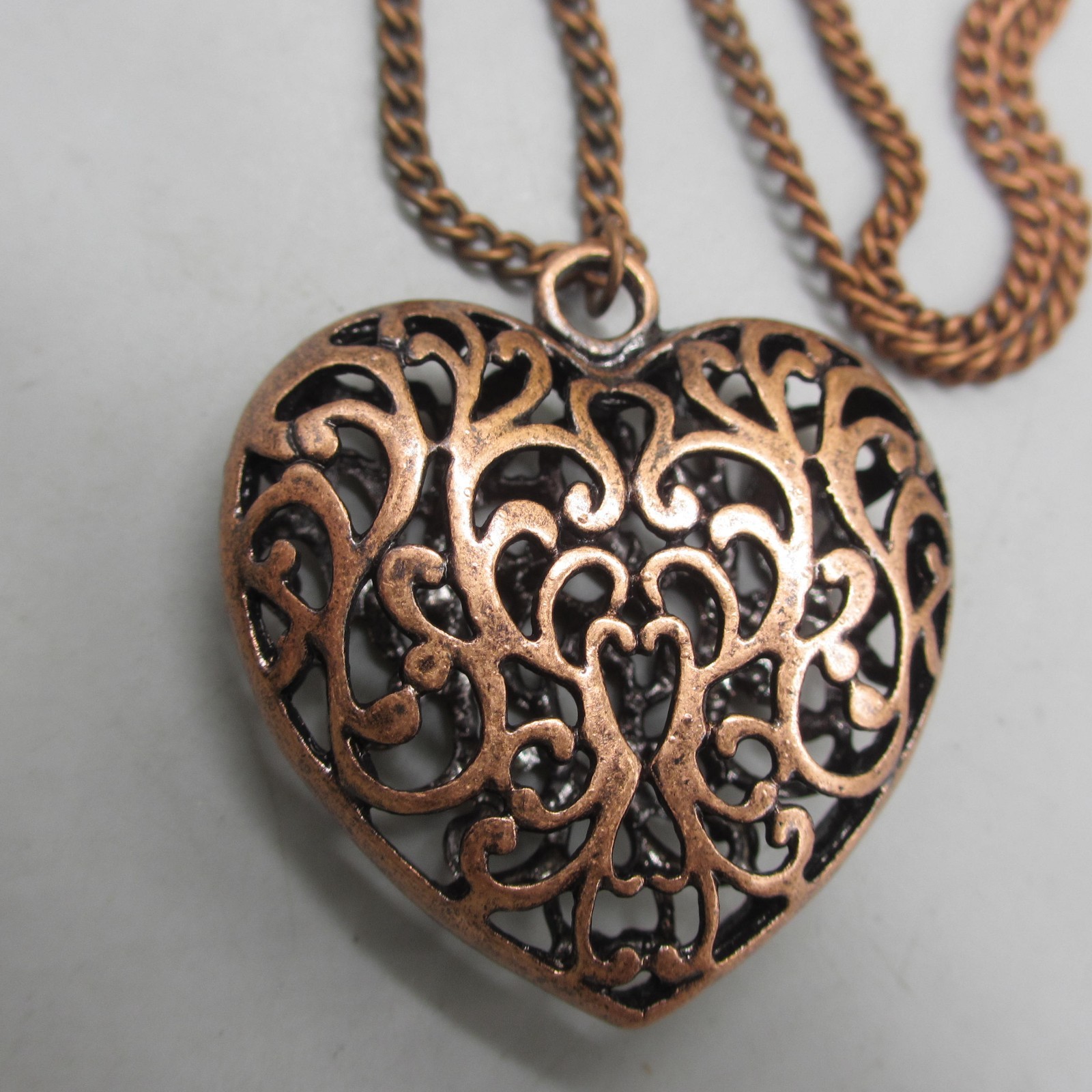 Vintage Copper Necklace Heart Pendant Scrollwork Opera 38 Inch