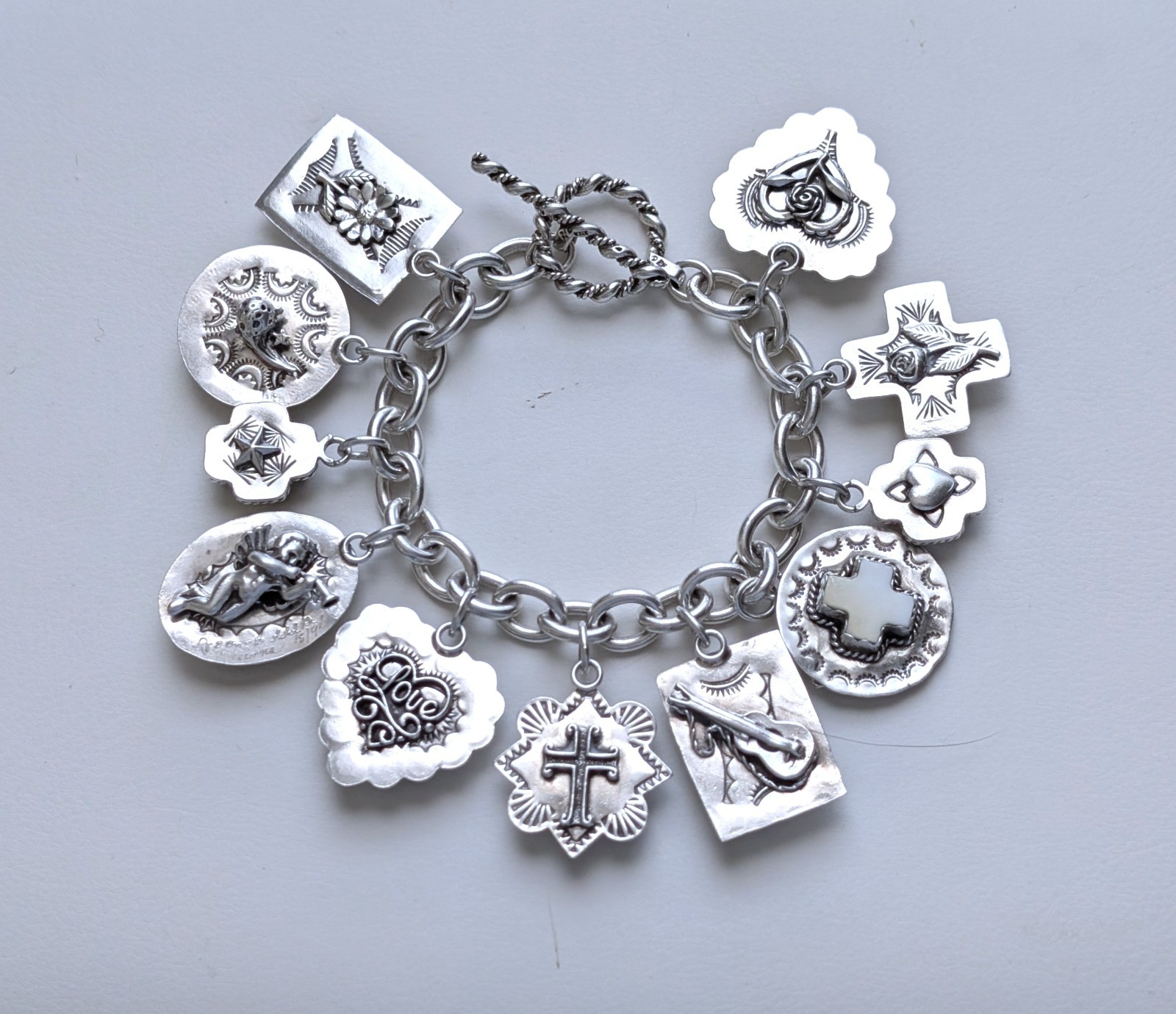 Joan Slifka Sterling 925 Heart Angel Cross Love Luck Charm Two Sided Bracelet
