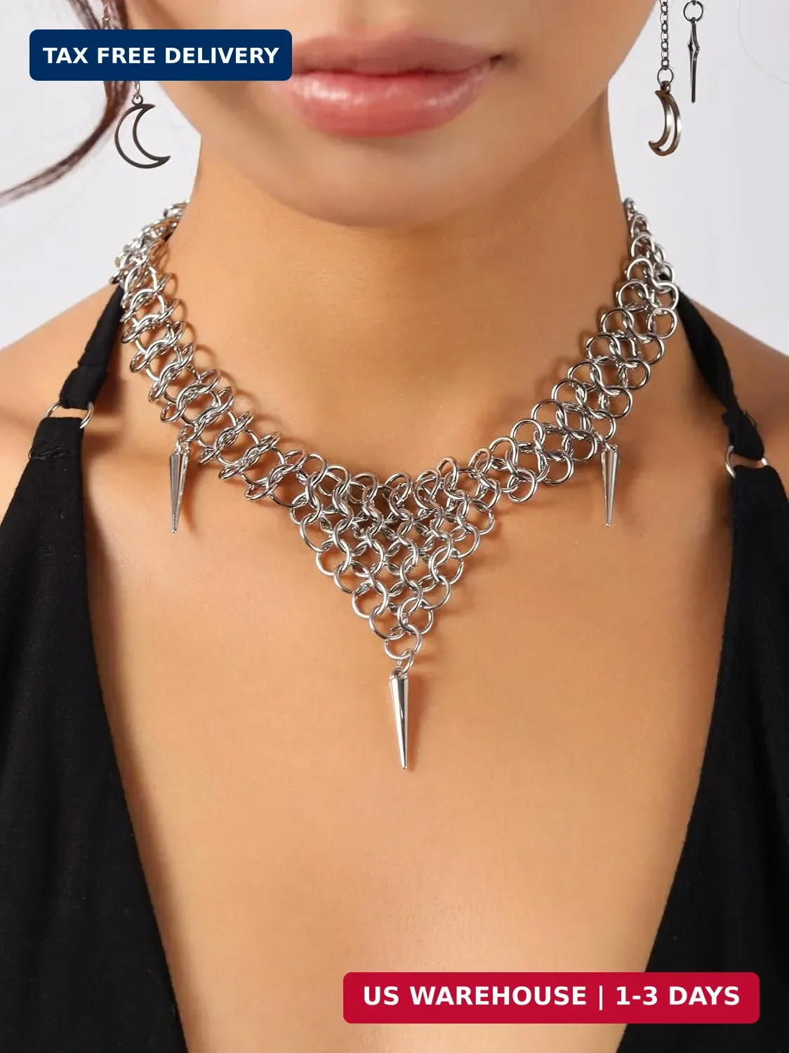 Sacina Silver-tone Chunky Spike Choker, Gothic Emo Punk Grunge Necklace, Goth Je