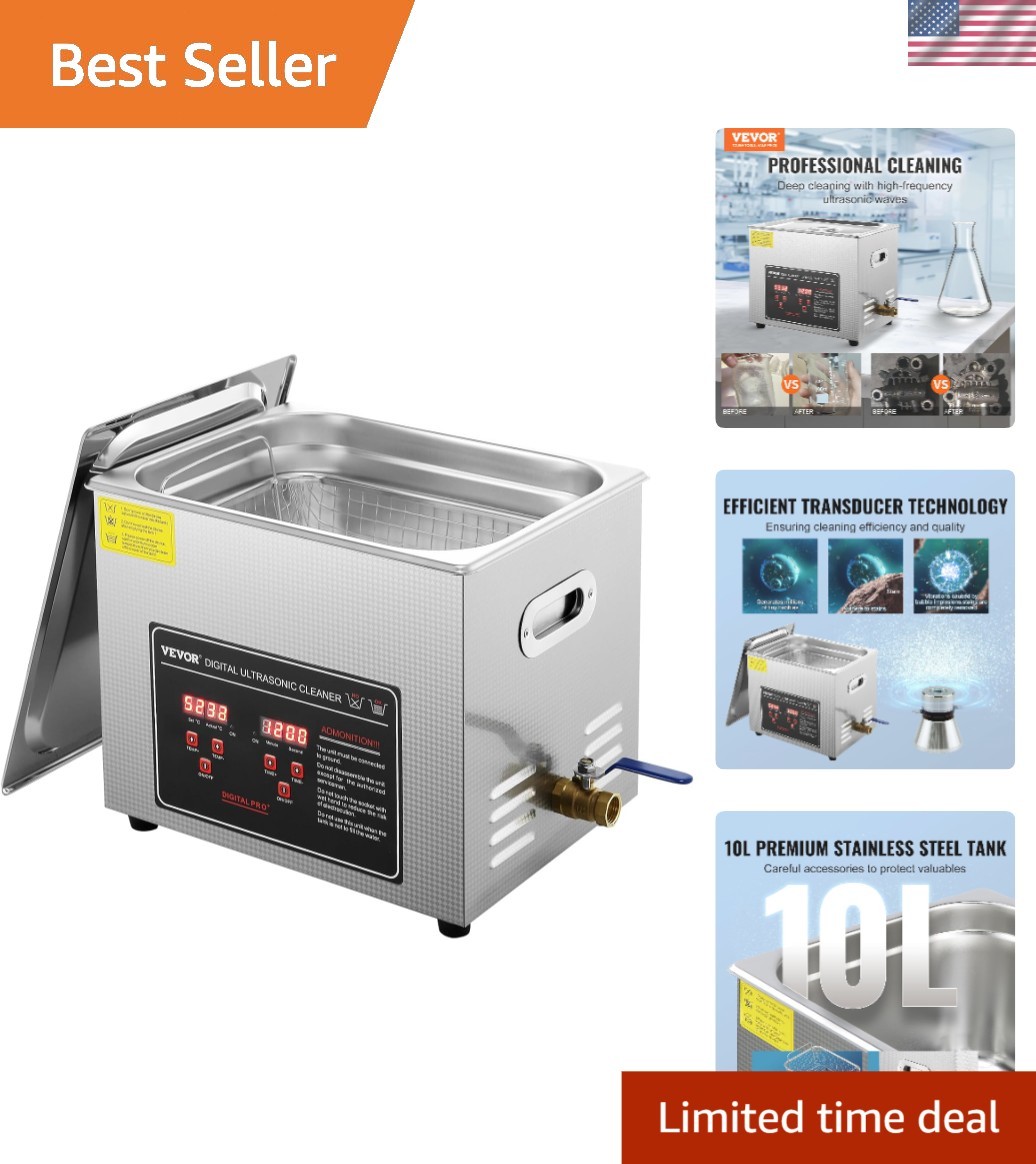 Ultrasonic Jewelry Cleaner 10L Digital Timer Heater Stainless Steel Versatile