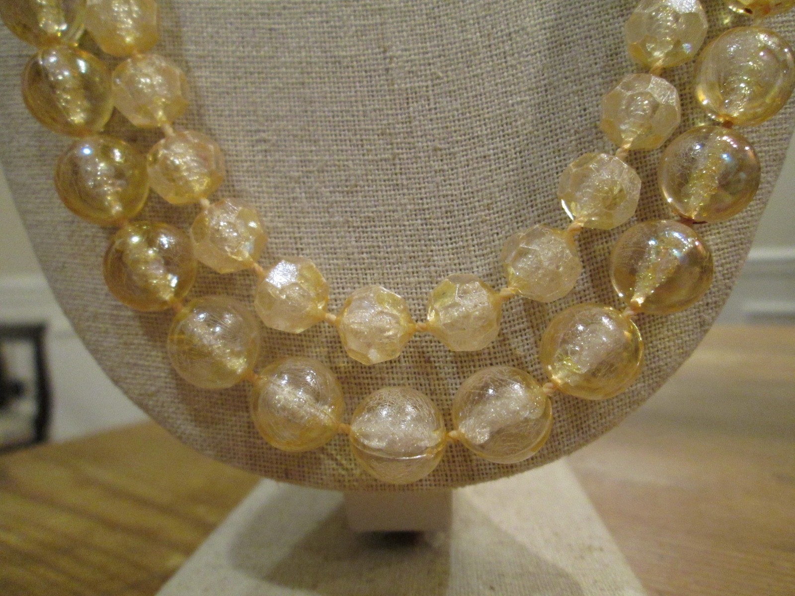 VINTAGE DOUBLE STRAND FAUX CITRINE FACETED & SMOOTH BEADED NECKLACE NICE CLASP
