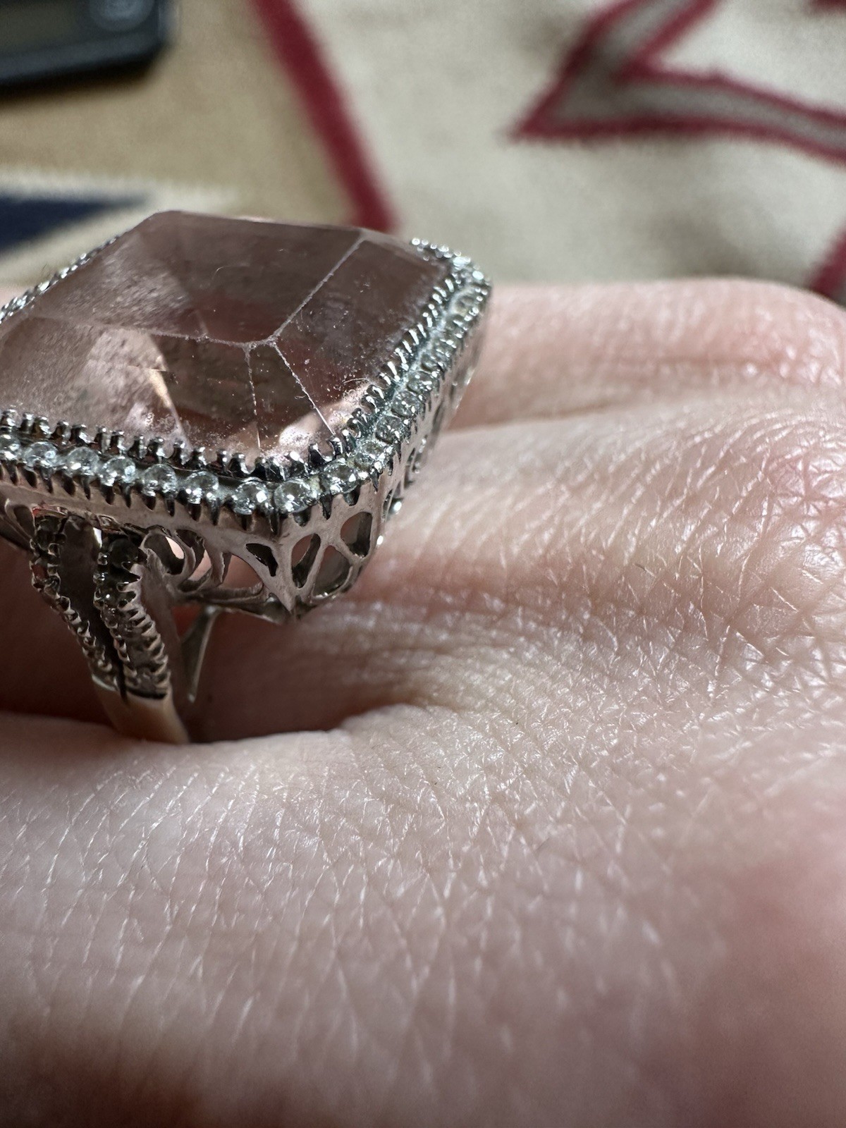 Vintage Estate 18k White Gold Pink Topaz And Diamond Cocktail Ring 4.5