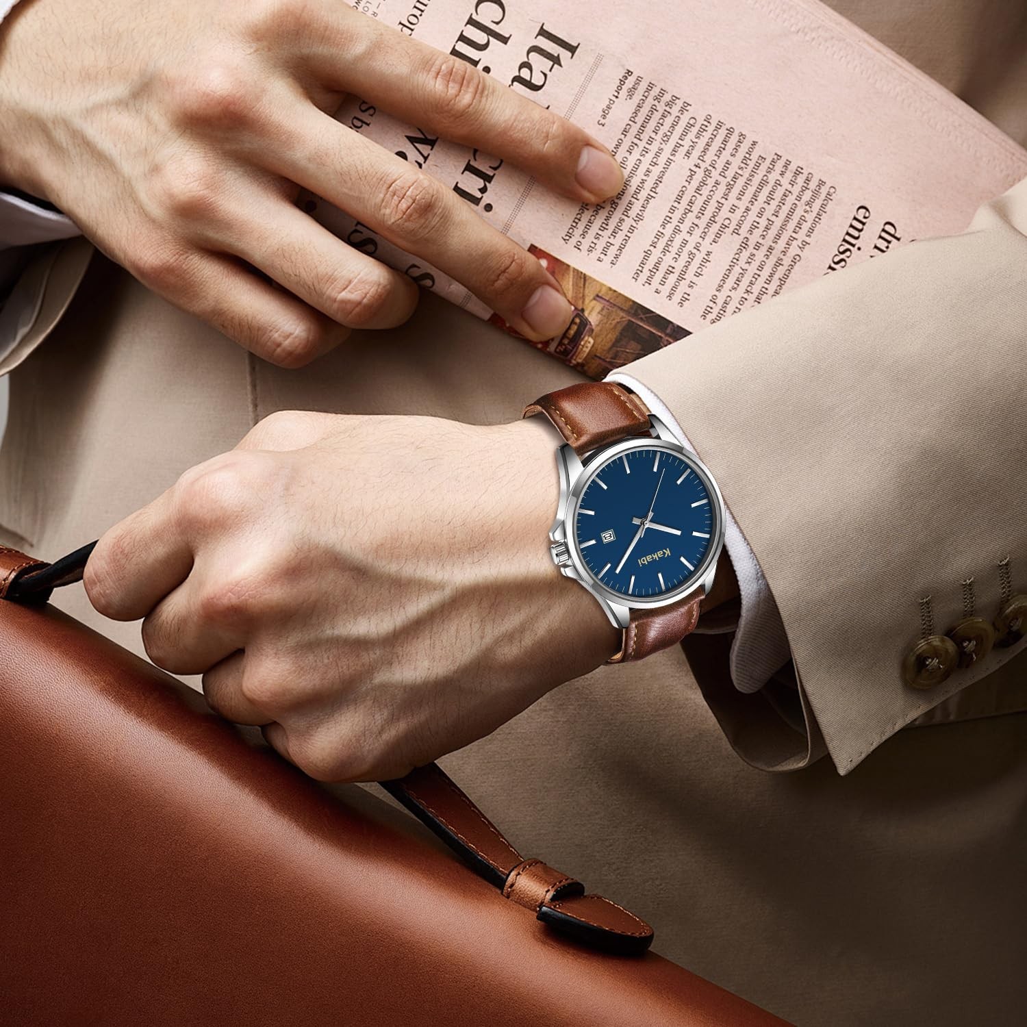 Kakabi Watches for Men, Minimalist Fashion Mens Leather K7303S-BrownBlue-P